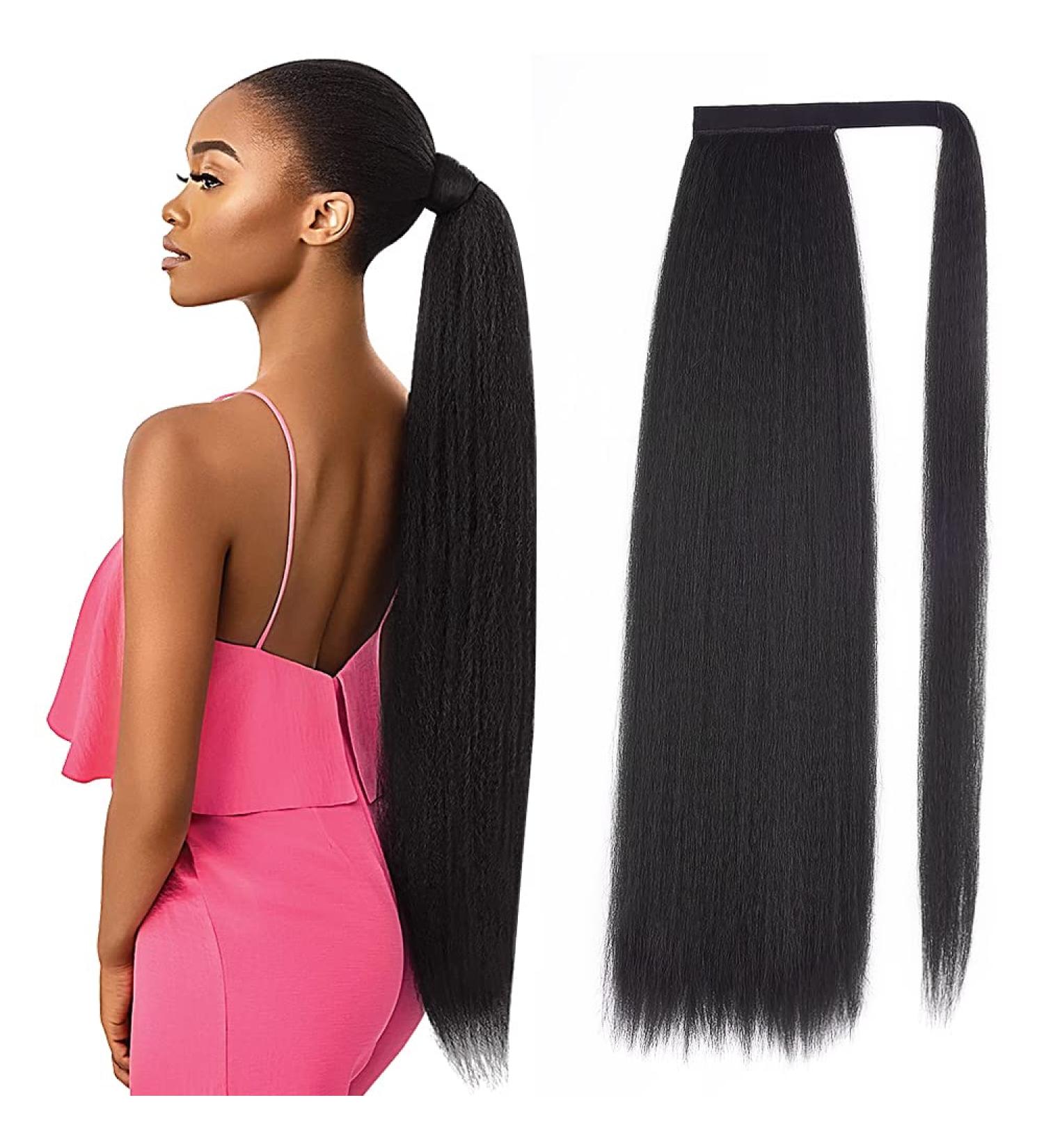 30 Inch Kinky Straight Wrap Around Ponytail Extension | Long Italian Yaki Synthetic Hair | Natural Black (1B) | Soft & Natural Hair Extension for Black Women - Buy Online on GoSupps.com