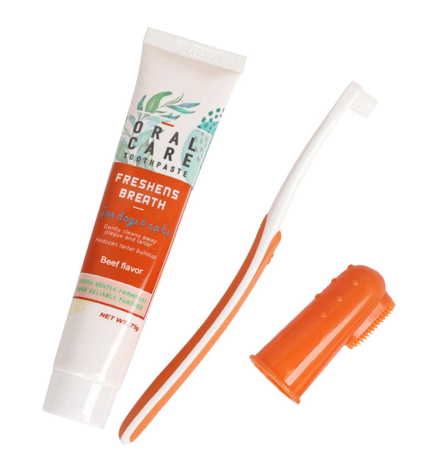 Dog Toothbrush Kit | Dog Toothpaste and Brush Set - Dog Toothbrush Toothpaste and Finger Brush Set Pet Toothbrush Kit for Cat and Dog Teeth Cleaning B: Beef Flavor - Buy Online on GoSupps.com