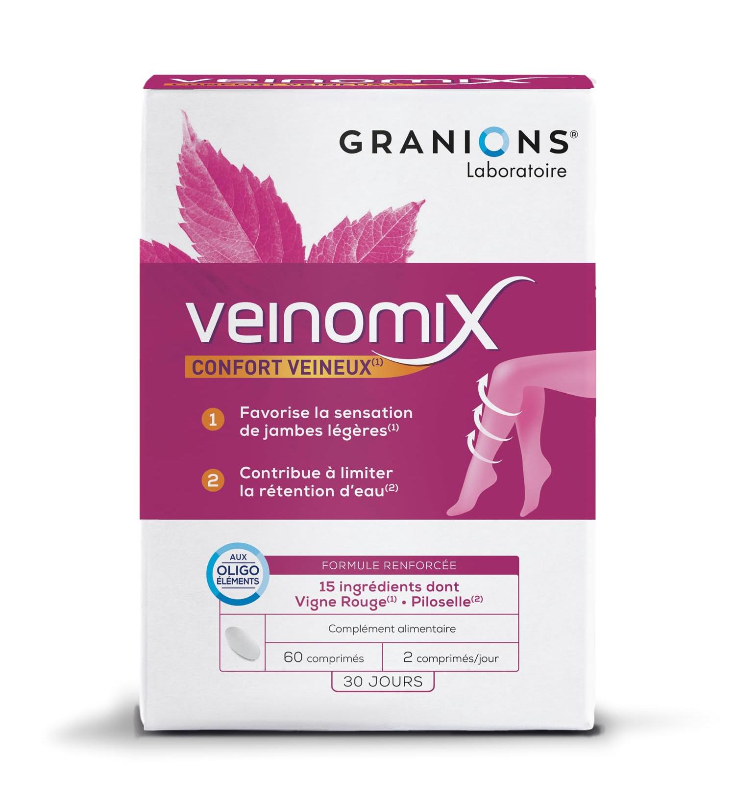 GRANIONS | Veinomix | Promotes the sensation of light legs and limits water retention | Red Vine + Piloselle + Vitamins & Trace Elements | French Brand | 60 Tablets - Buy Online on GoSupps.com