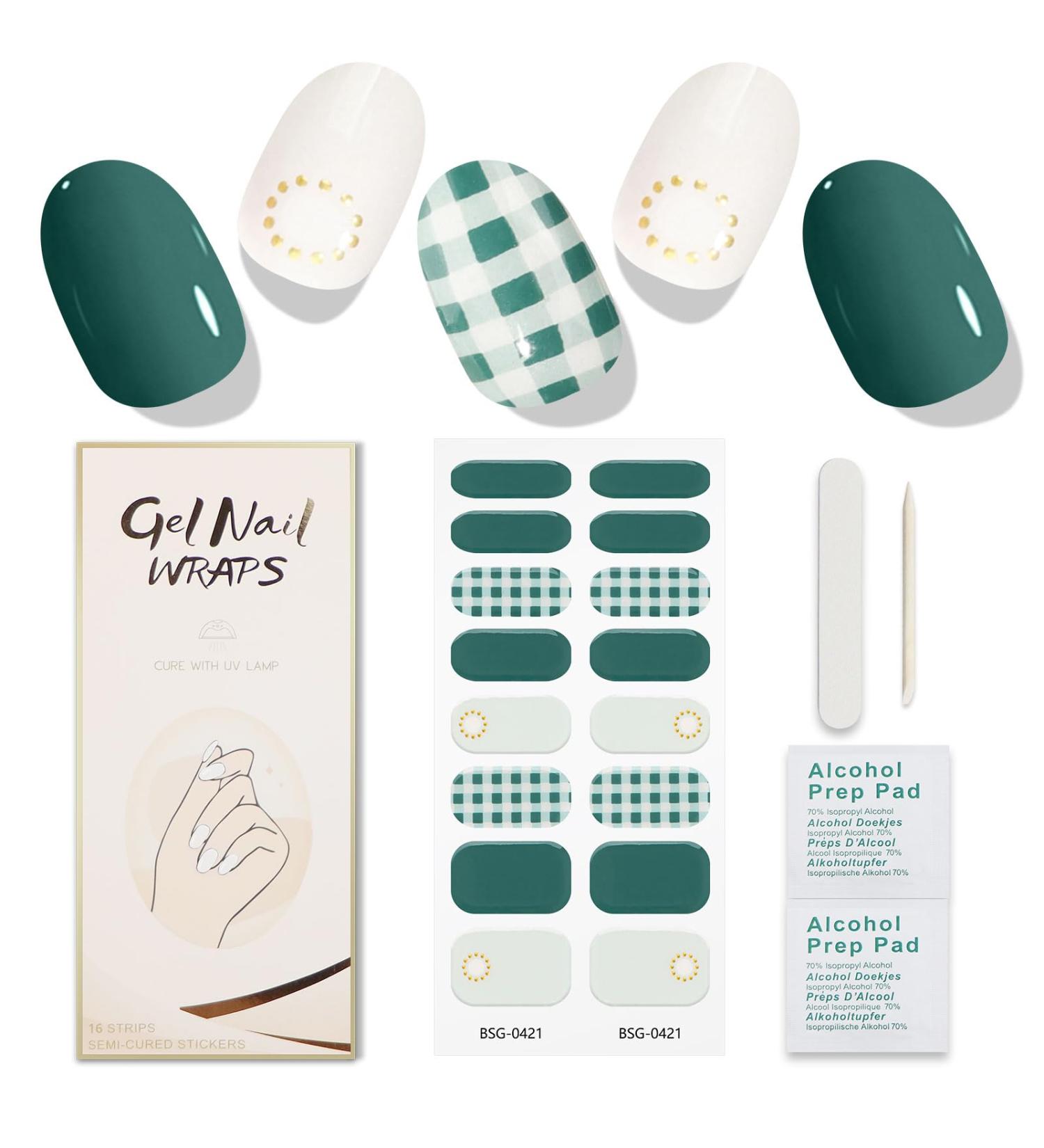 JMEOWIO Semi Cured Gel Nail Strips Green White Checkerboard Gel Nail Stickers Nail Supplies Nail Art Design Decoration Accessories - Buy Online on GoSupps.com