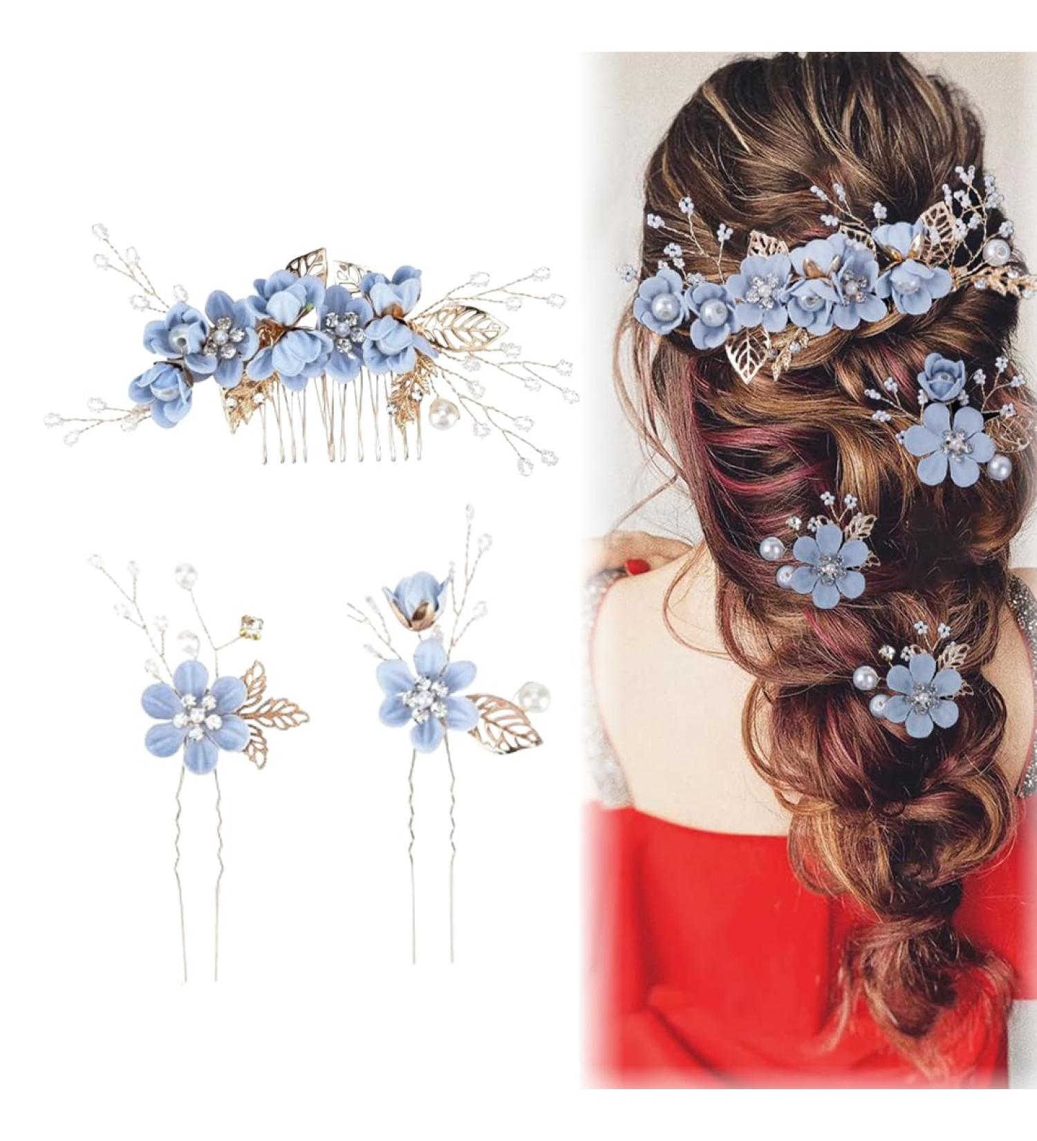 WHYCNJL 3 Pieces Wedding Comb Pearl Hair Jewelry Bridal Rhinestone Bridal Jewelry Comb Hair Clip for Bride Bridesmaid Blue - Buy Online on GoSupps.com