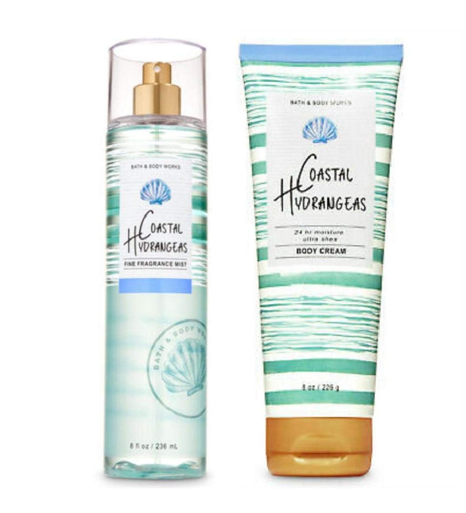 Bath and Body Works COASTAL HYDRANGEAS Body Cream 8 Ounce & Fragrance Mist 8 Fluid Ounce Set
