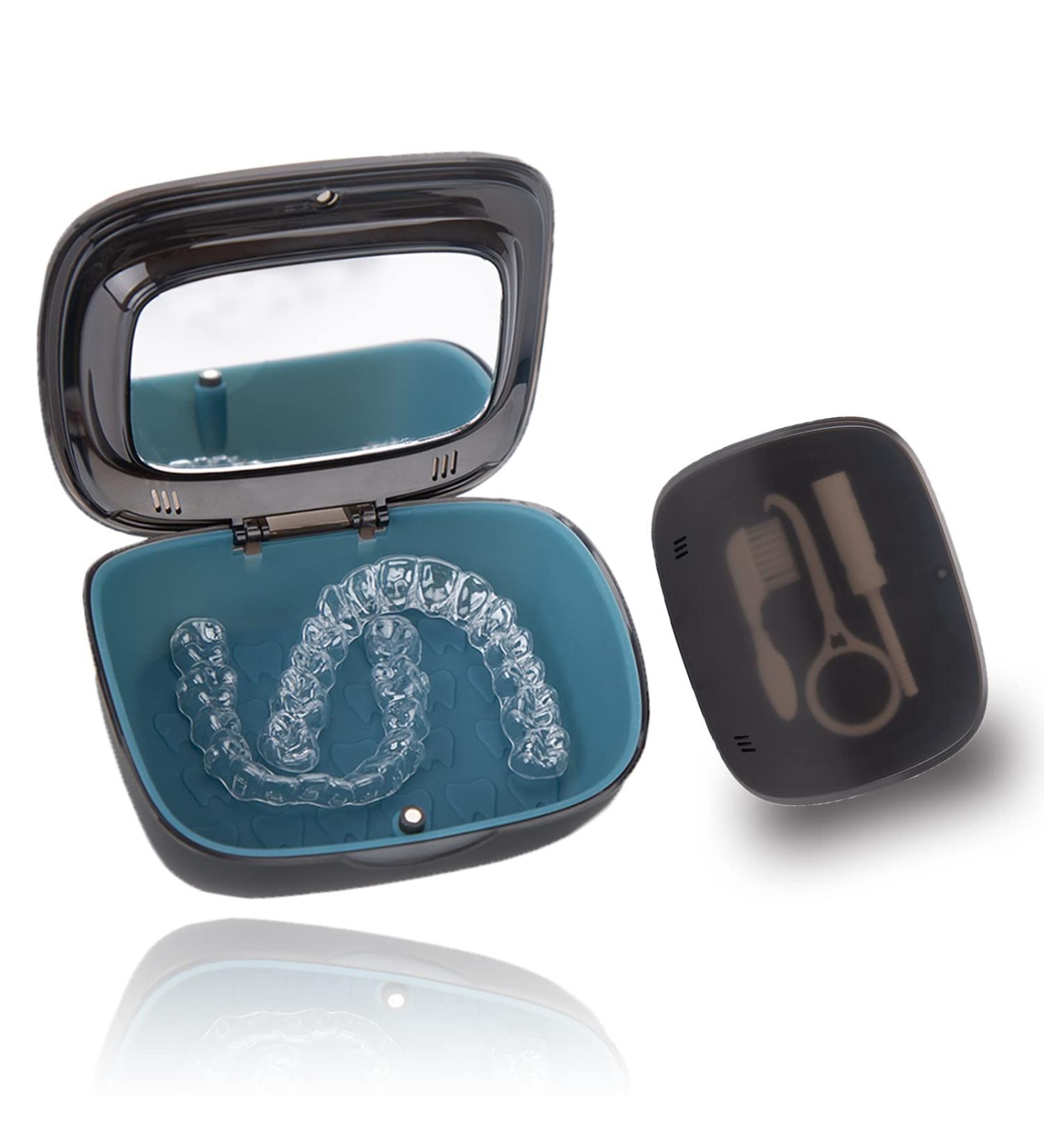 Dentures Retainer Case with Vent Holes & Mirror - Double Layer Portable Orthodontic Box for Travel - Aligner Storage (Black) - Buy Online on GoSupps.com