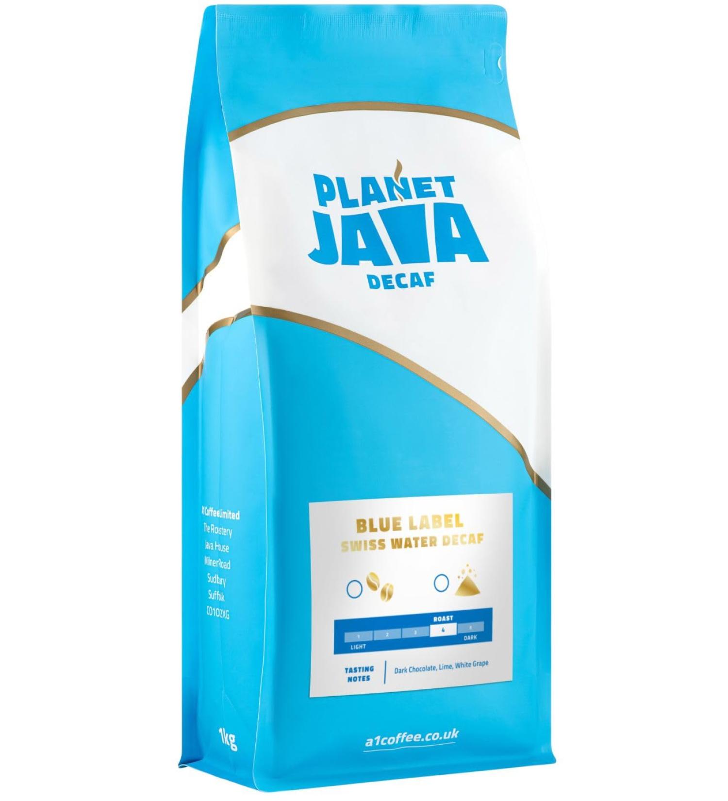 Planet Java Blue Label Swiss Water Decaf Ground Coffee (1 x 1kg Bag) - Full Medium Roast For Filter Machines