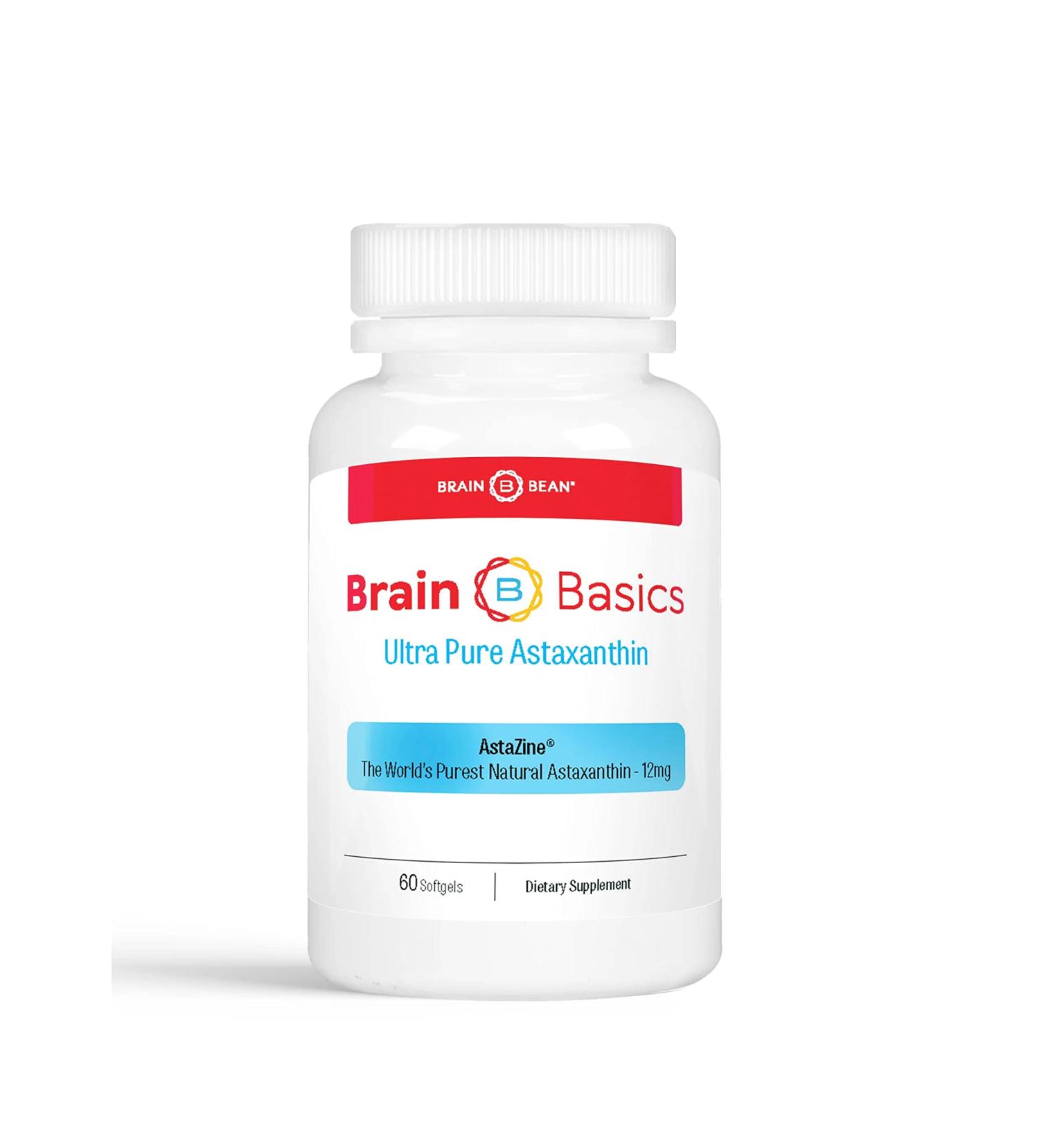 Brain Basics Ultra Pure Astaxanthin - 12mg AstaZine with 6mg Vitamin E. Non-GMO, Gluten Free Astaxanthin Supplements for Memory, Focus and Clarity - 60 Softgels