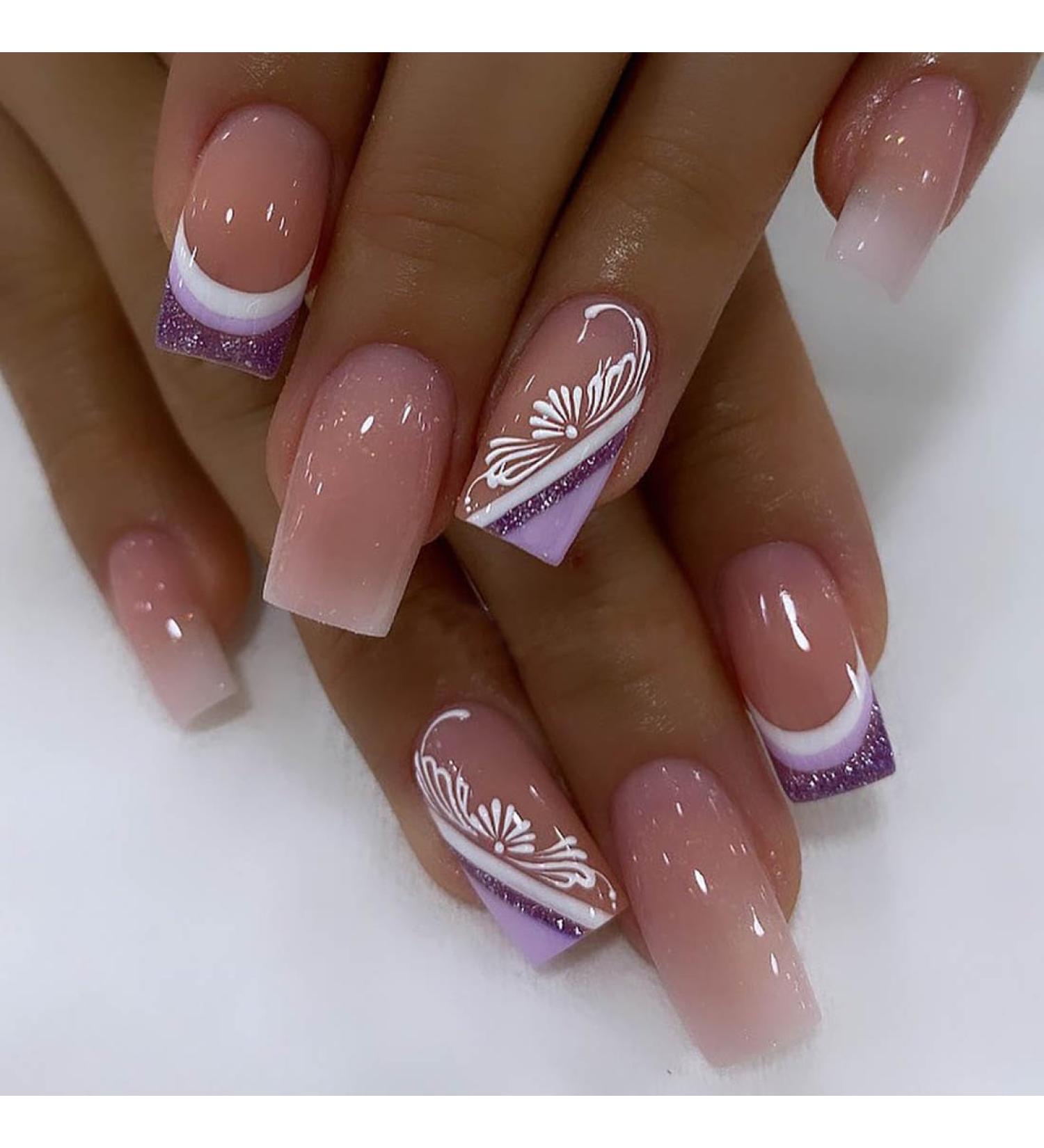 SINLOV Short Medium Square Fake Nails Flower Glossy Press on False Nails Pink Nude Ballerina Artificial Finger Nails French Full Cover False Nails for Women and Girls - Buy Online on GoSupps.com