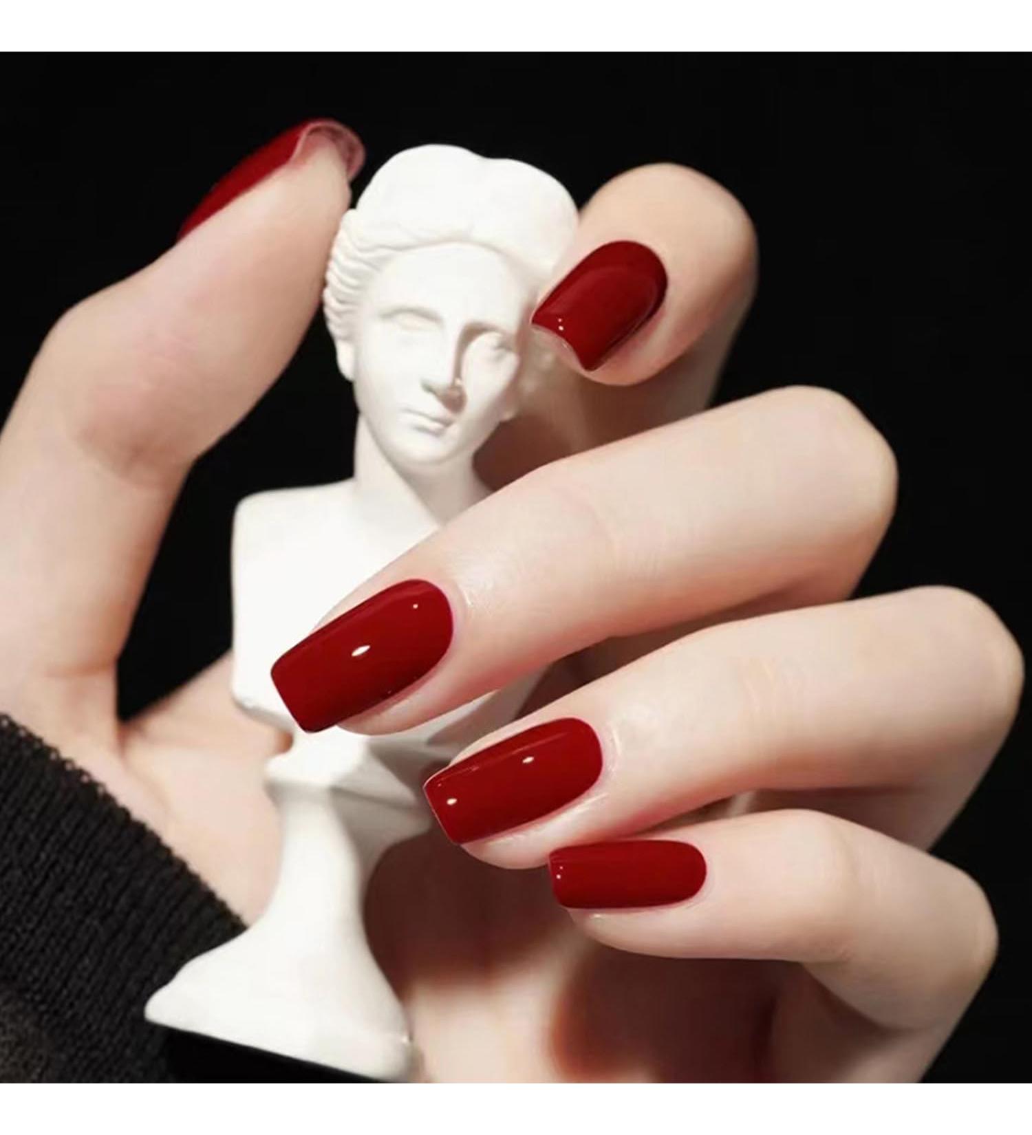 Red Press on Nails | Medium Length Coffin | Wine Red Acrylic Glue on Nails Set | 24 Pcs Elegant Gradient Design | Full Cover Shiny False Nails for Women - Buy Online on GoSupps.com