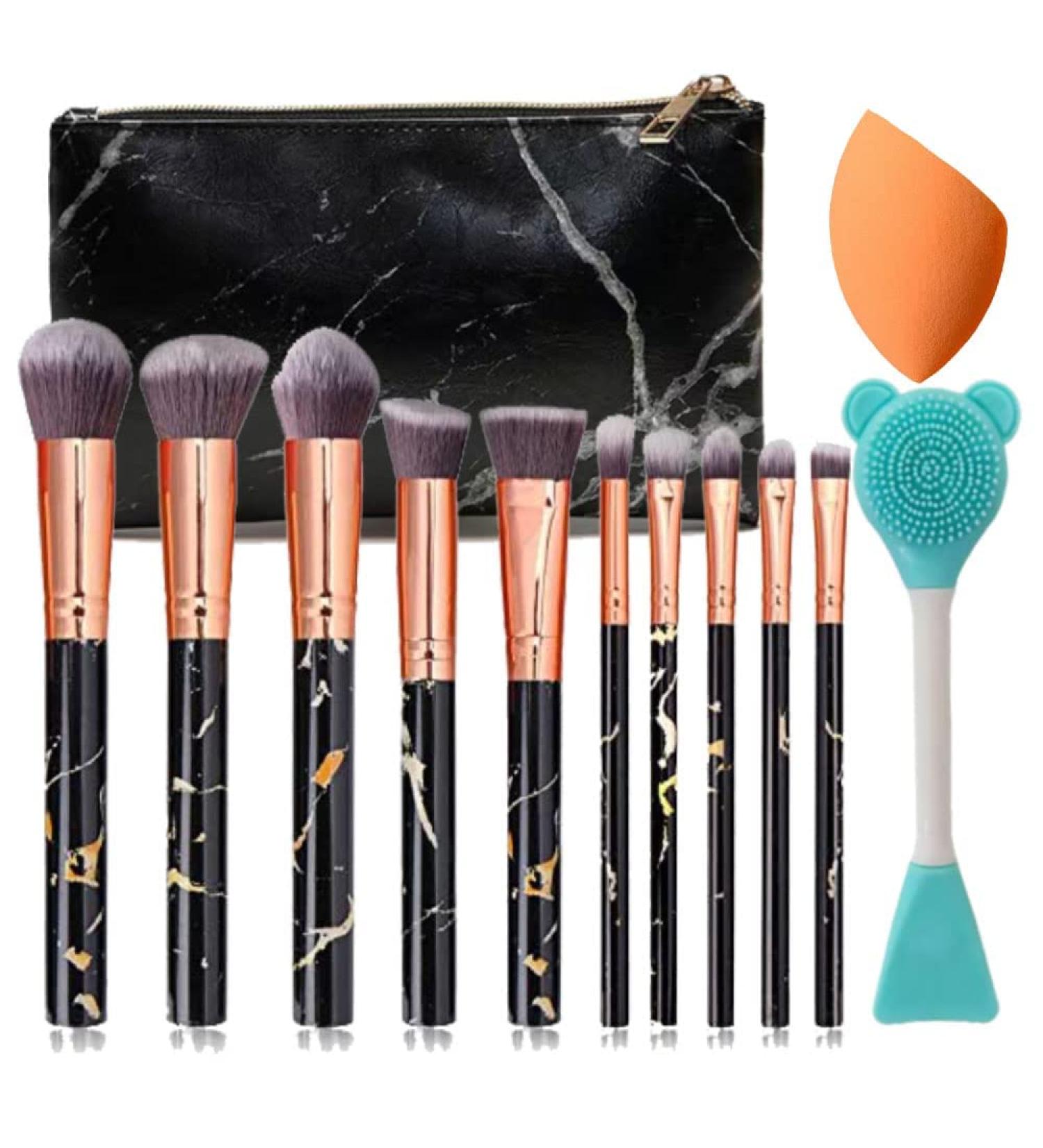 Nevsetpo Marble Makeup Brushes Set - 10+2pcs Synthetic Foundation Eyeshadow Contour Brushes for Girls in Marble Black - Buy Online on GoSupps.com