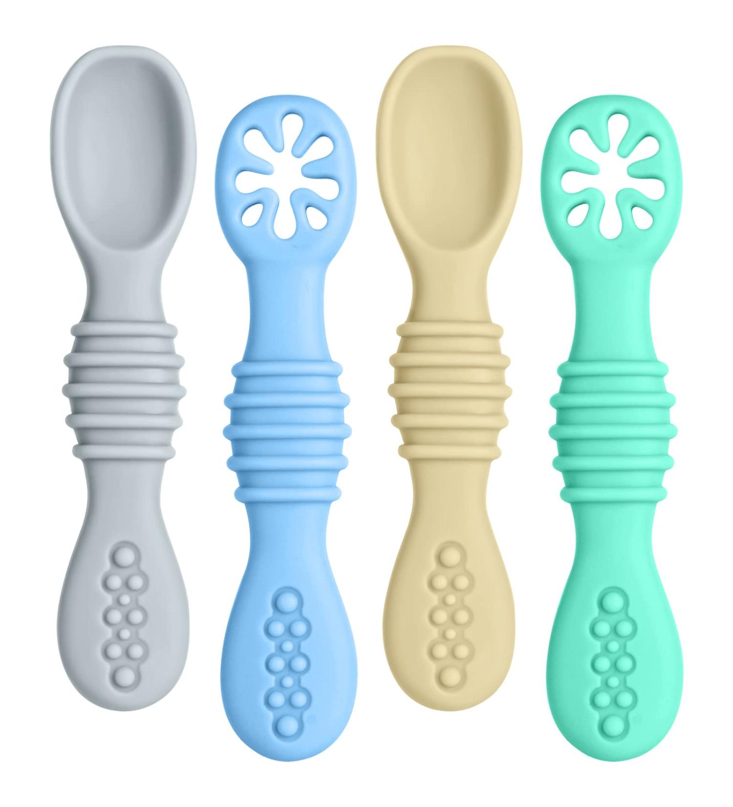 Vicloon Baby Fork and Spoon Set 4Pcs Silicone Spoon Baby Weaning Spoon Set Self Feeding Utensil Easy Grip Soft Baby Spoon Toddler Cutlery Kit for Infant Toddler Children First Led Training Weaning Blue/Green/Grey/Khaki - Buy Online on GoSupps.com