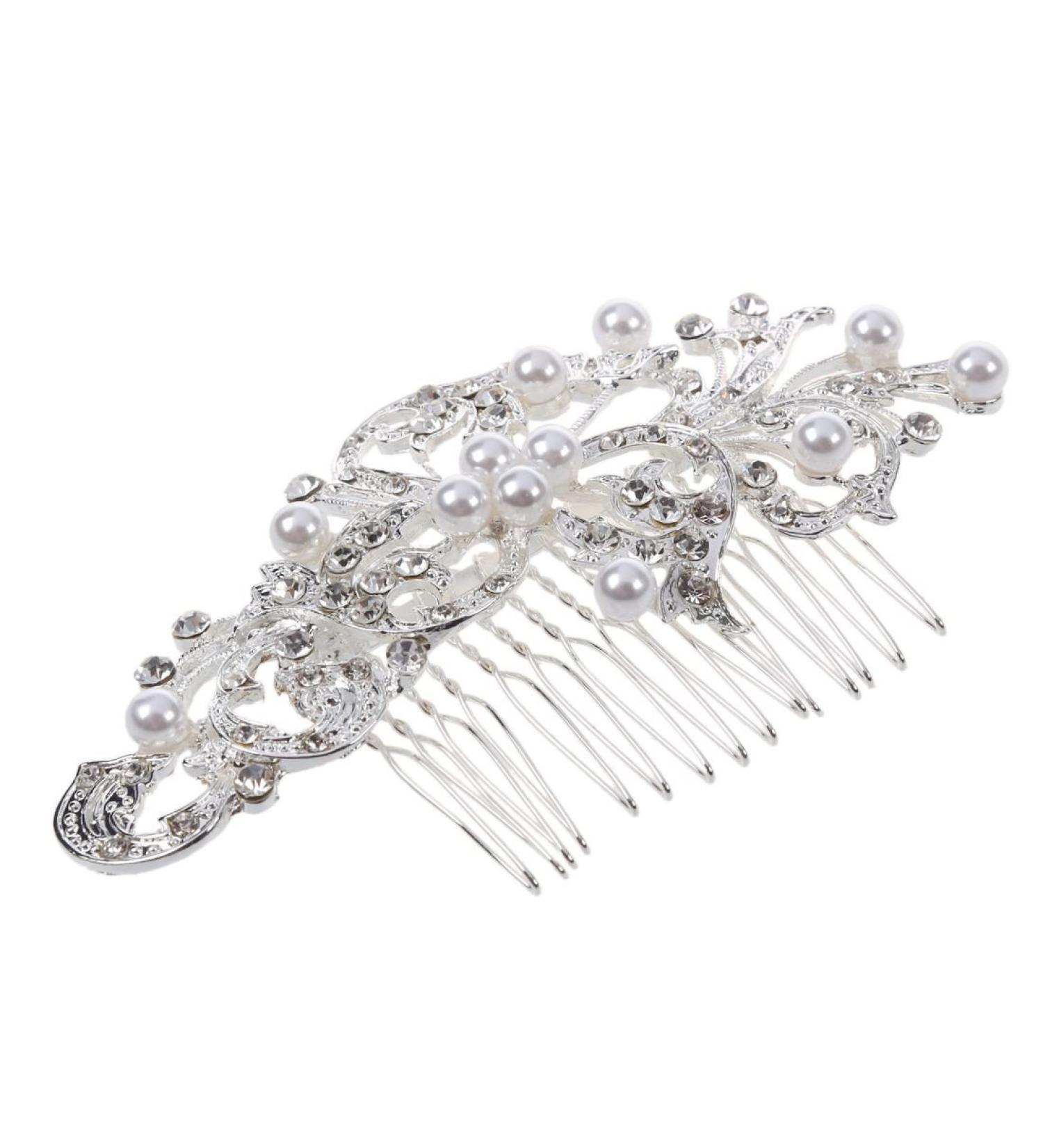 Oladfiop Women's Silver Rhinestone Bridal Wedding Flowers Pearl Headband Hair Clip Comb - Buy Online on GoSupps.com