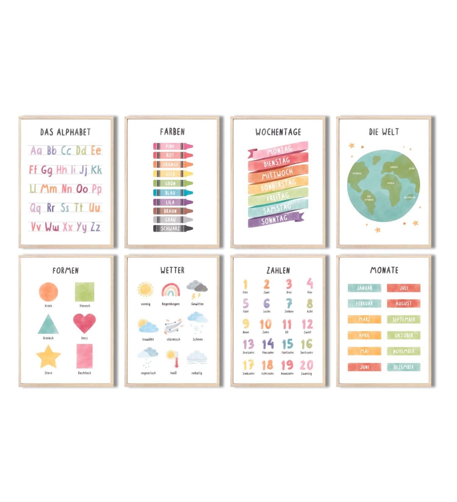 Meinbaby123 Educational Learning Posters Set | A4 Alphabet & Numbers Wall Art for Preschool & Elementary | Premium 8-Piece Childrens Room Decor - Buy Online on GoSupps.com