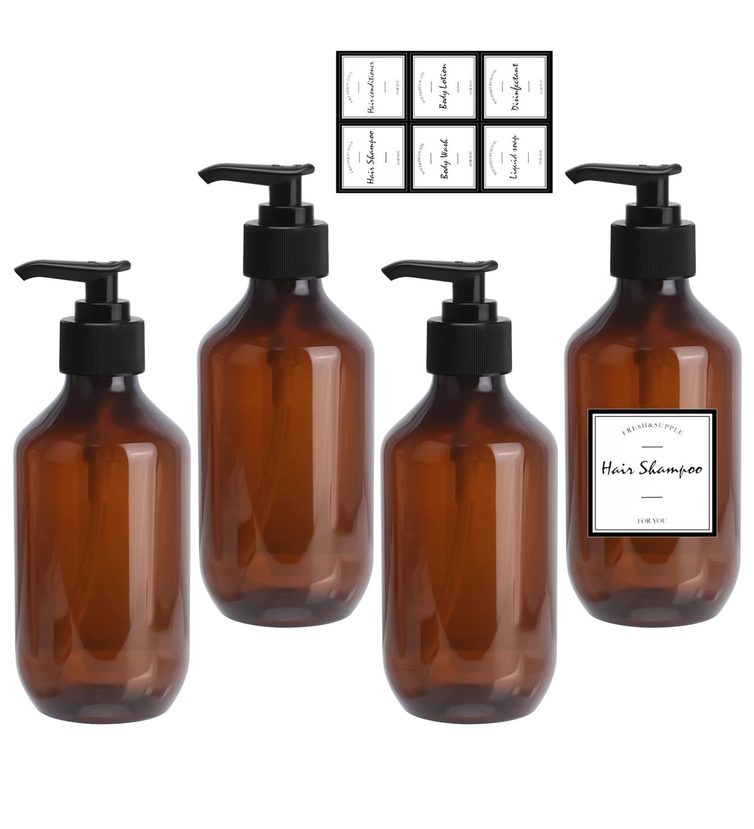 4-Pack 300ml Refillable Shampoo & Lotion Bottles with Waterproof Labels | Empty Soap Pump Dispenser - Buy Online on GoSupps.com