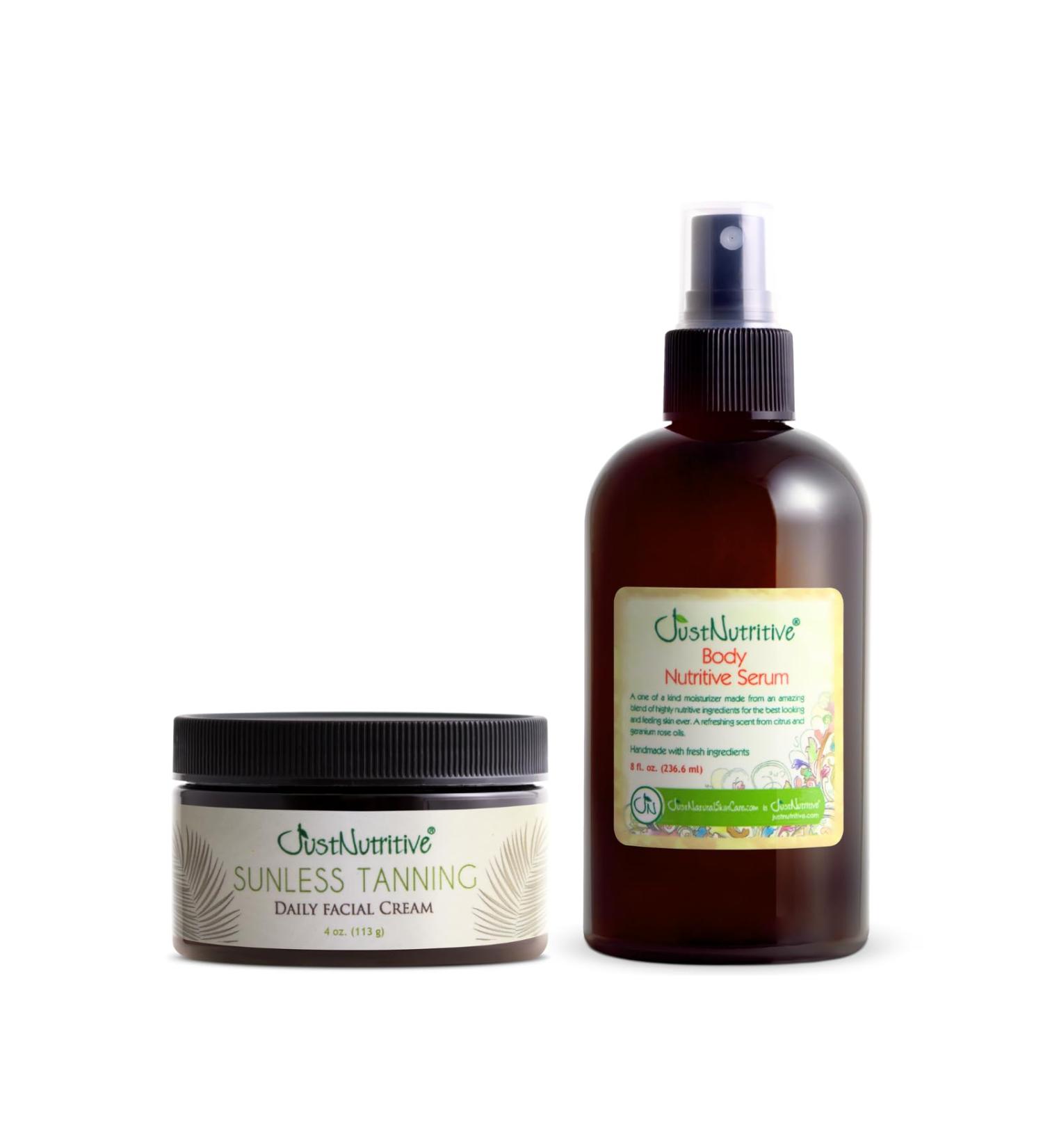 Just Nutritive Sunless Facial Tanning Cream & Body Nutritive Serum | Self-Tanner for Face + Hydrating Body Oil for Glowing Smooth Radiant Skin | Natural 2-Pack - Buy Online on GoSupps.com