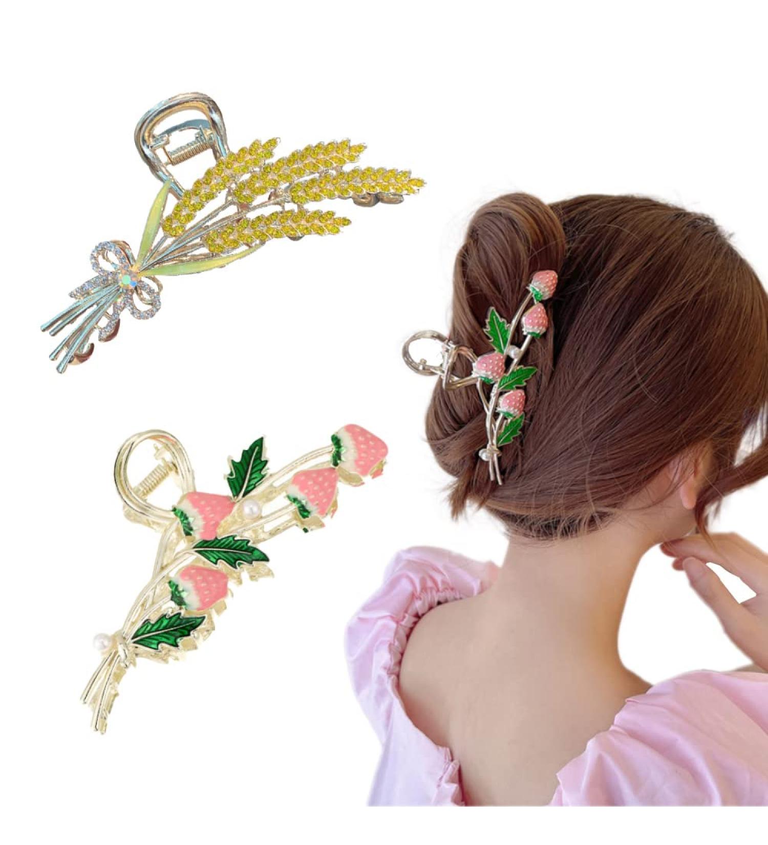 2-Piece Wheat & Strawberry Hair Clips - Stylish Large Metal Clips for Girls | International Shipping - Buy Online on GoSupps.com