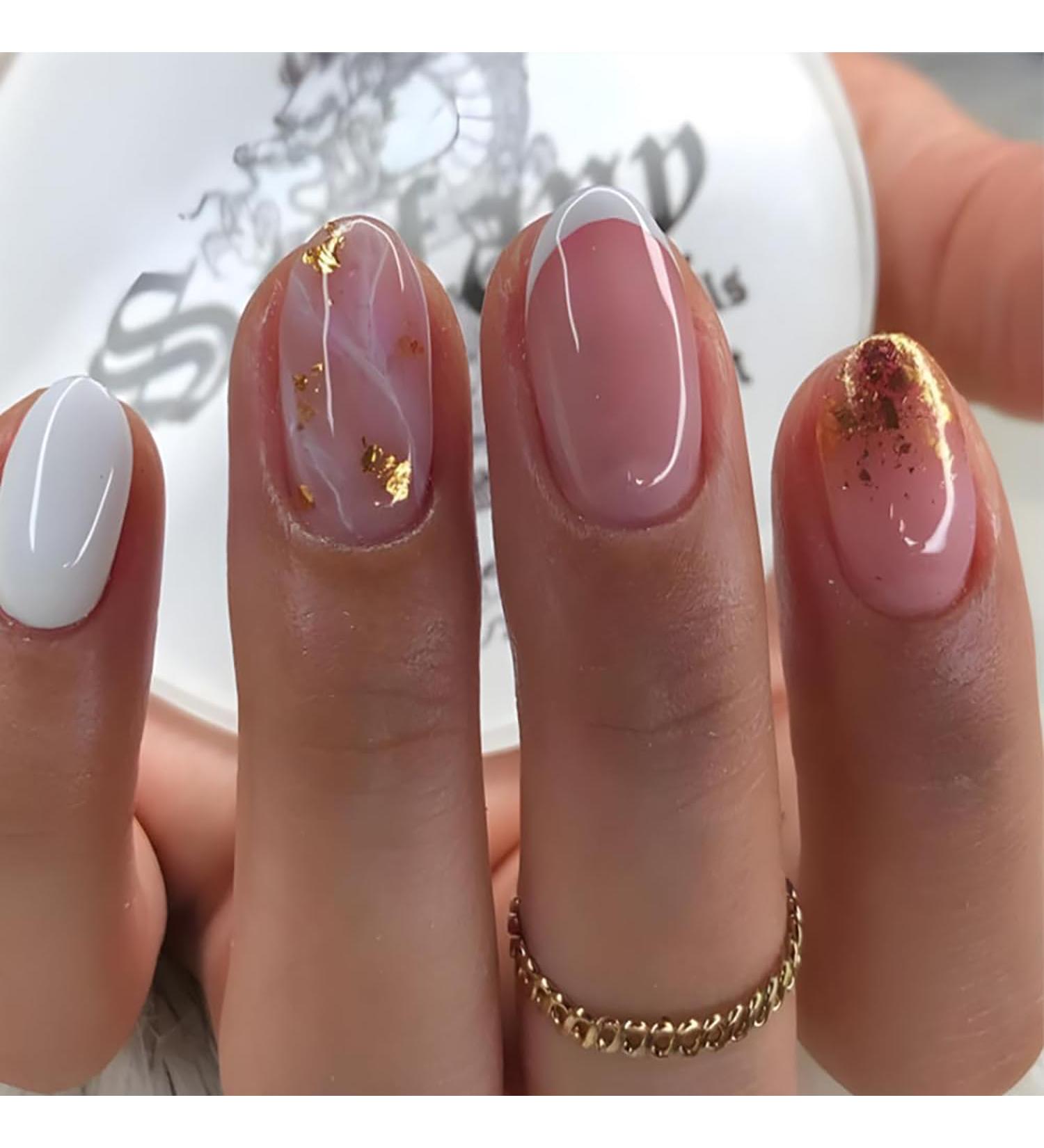 Shop French Tip Press on Nails - Short Round Almond Fake Nails with Gold Foil | Full Cover Glossy Pink Acrylic Stick-On Nails for Women & Girls - Buy Online on GoSupps.com
