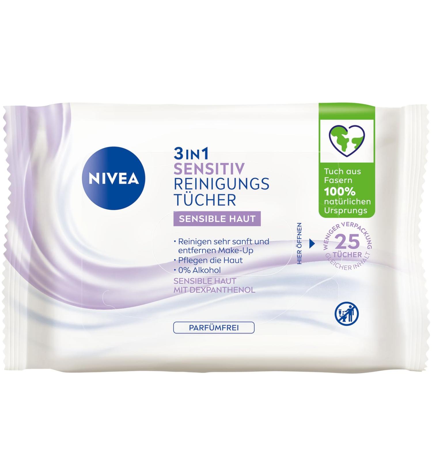 Nivea 3in1 Sensitive Cleaning Towels - Gentle Facial Cleansing with Dexpanthenol Alcohol-Free Makeup Wipes for Sensitive Skin (25 Pieces) - Buy Online on GoSupps.com