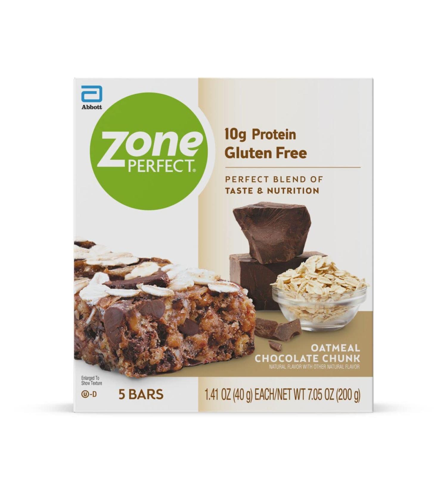 ZonePerfect Oatmeal Chocolate Chunk Protein Bars - 10g Protein, Nutritious Gluten Free Snack - 5 Count - Buy Online on GoSupps.com