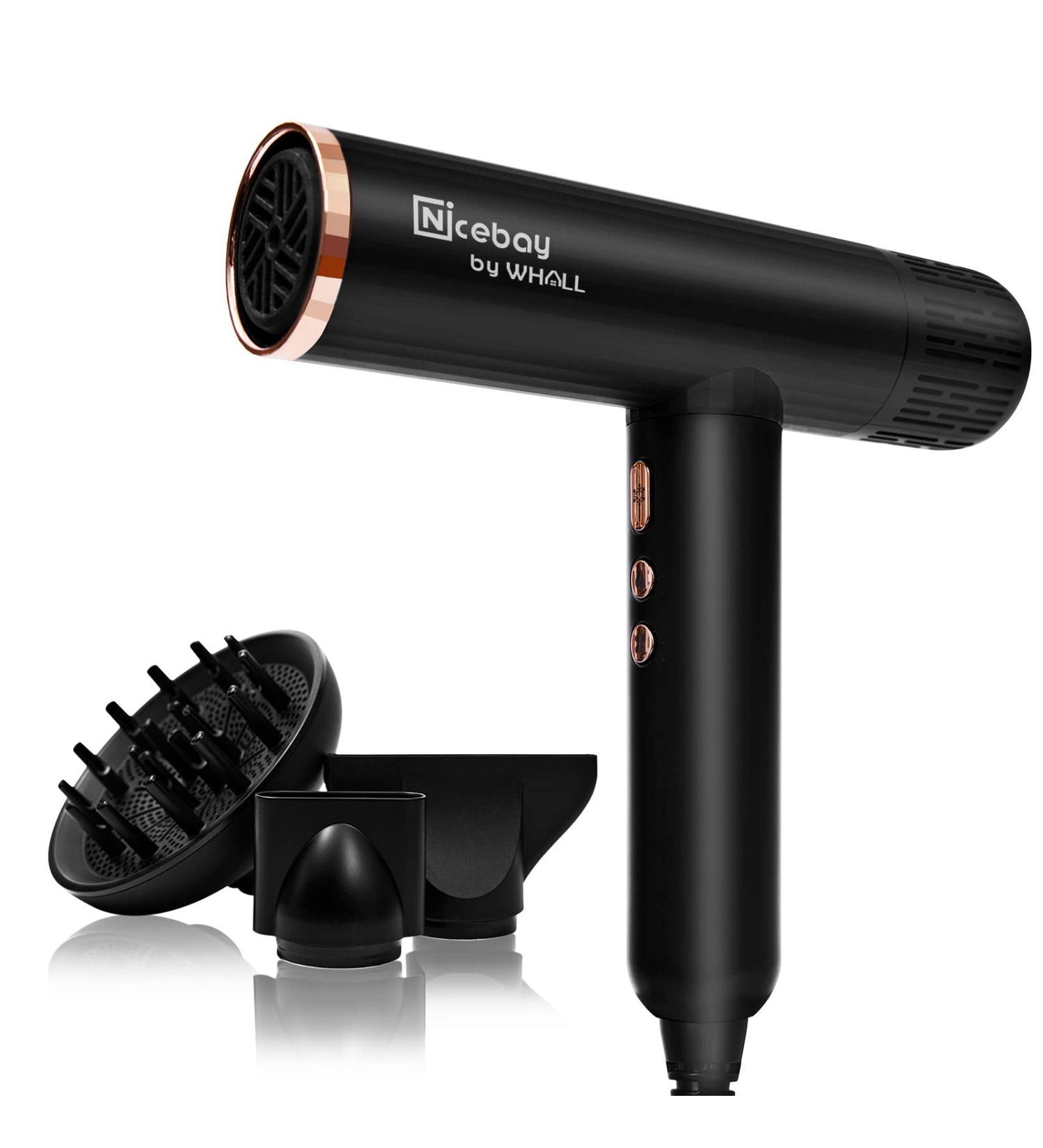 Nicebay Ionic Hair Dryer - Professional 1600W Blow Dryer with 3 Attachments High-Speed Brushless Motor Lightweight & Low Noise Black & Gold - Buy Online on GoSupps.com