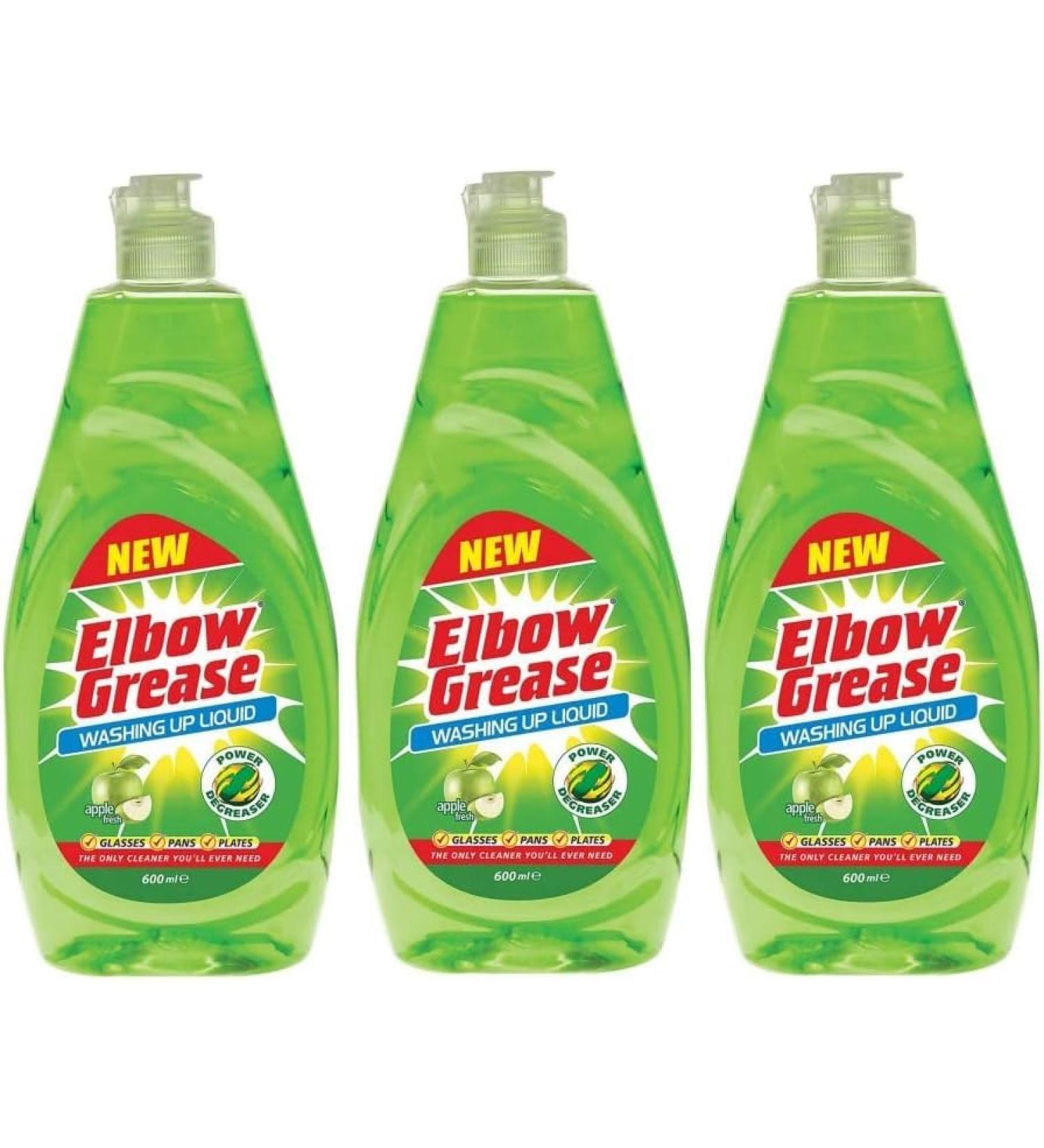 3 x 600ML Elbow Grease Washing Up Liquid Fresh APPLE Scent Power Degreaser Works On Glasses Pans And Plates