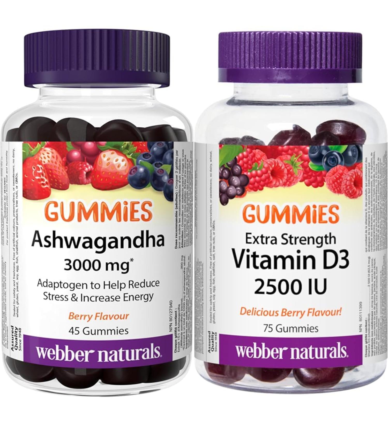 Webber Naturals Ashwagandha Gummy 45 Berry Flavoured Gummies Helps to Reduce Stress & Vitamin D3 2500 IU 75 Gummies For Healthy Bones Teeth - Buy Online on GoSupps.com