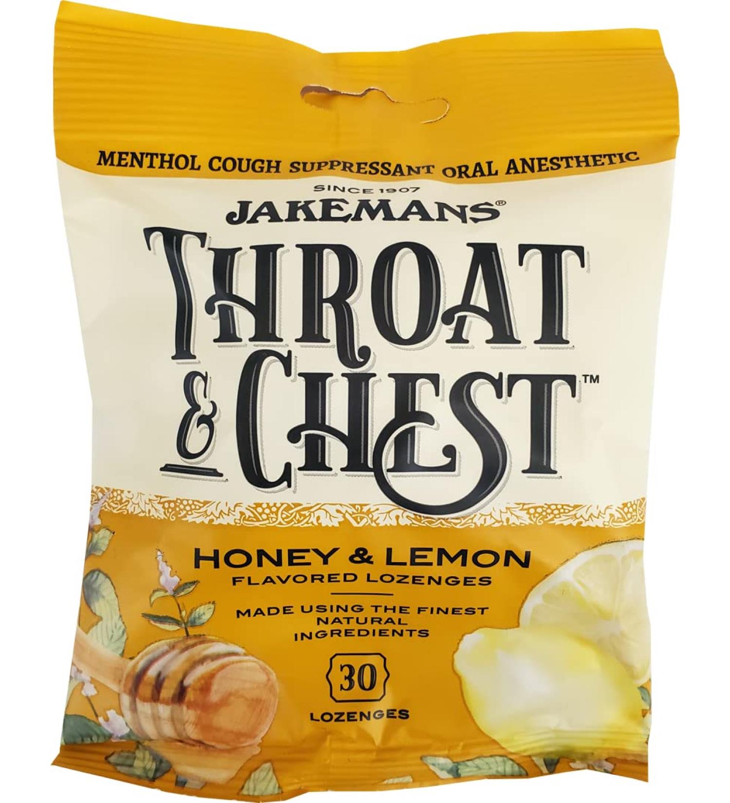 Jakemans Honey and Lemon Throat & Chest Lozenges Cough Drops Cough Sore Throat and Seasonal Distress Soothing Relief Liquid Drop Shape 30 Lozenges