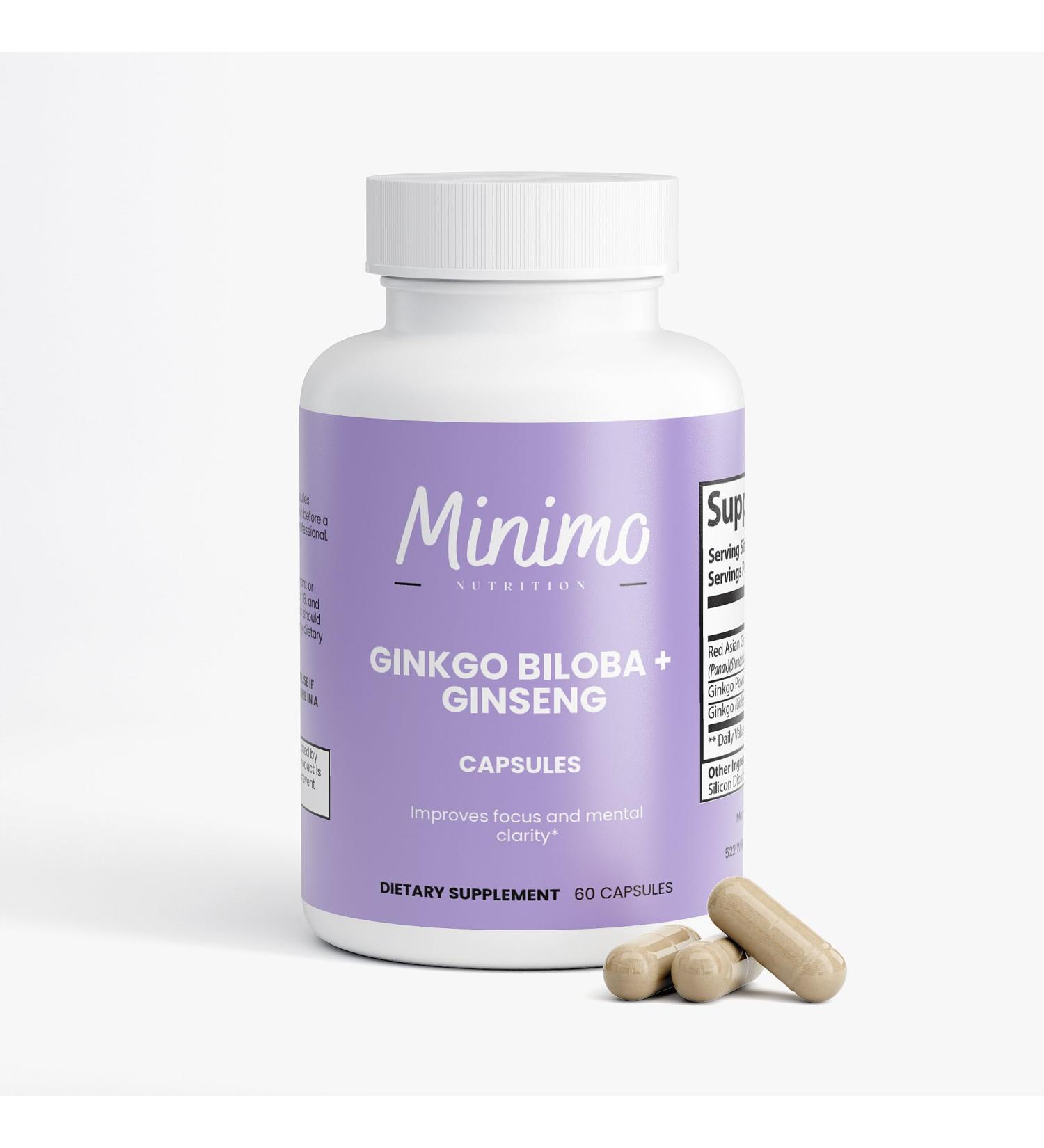 Minimo Nutrition Ginkgo Biloba + Ginseng 3rd Party Certified Supports Circulation Memory Cognitive Function 60 Capsules - Buy Online on GoSupps.com