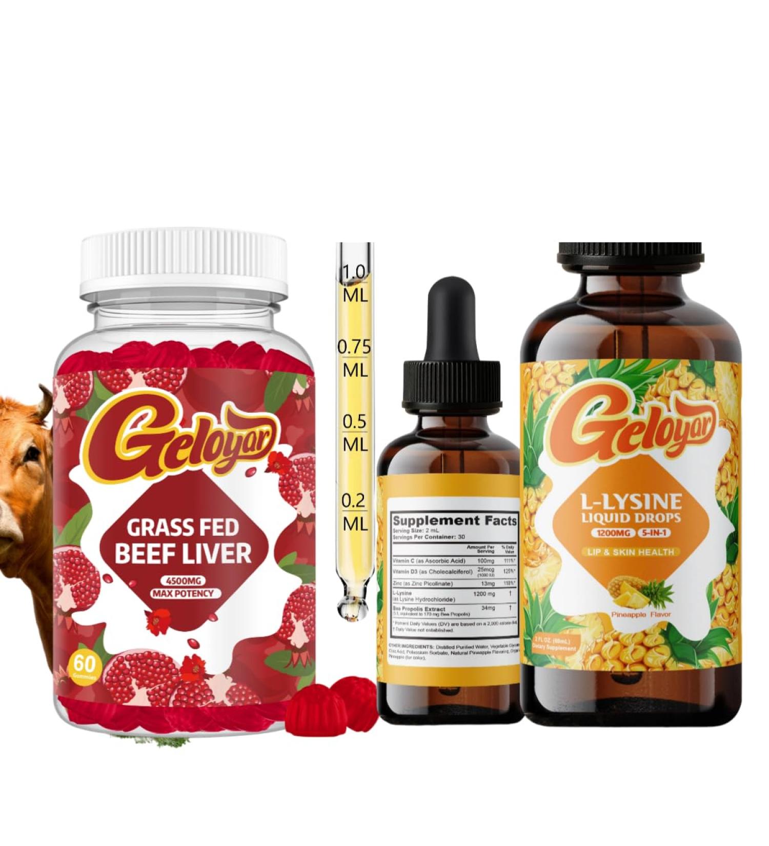 Geloyar L-Lysine Liquid Drops & Grass Fed Beef Liver Gummies - Buy Online on GoSupps.com