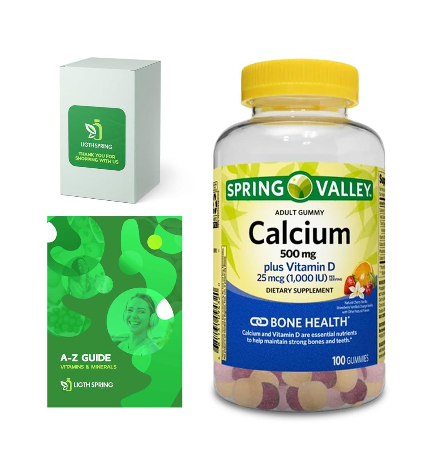 Calcium Plus Vitamin D Adult Gummies 500 mcg 1000 IU Assorted Flavors 100 Ct Bundle with Exclusive Vitamins & Minerals - A to Z - Better Ligth&Spring Guide (2 Items) - Buy Online on GoSupps.com
