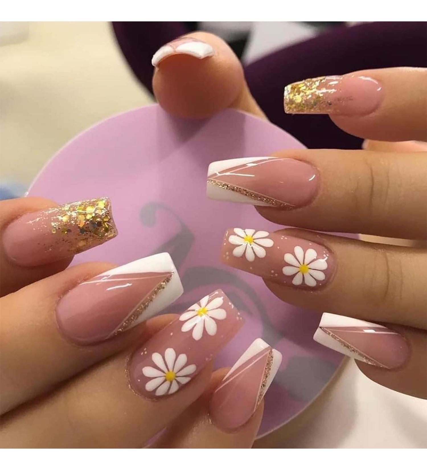 24pcs Long Coffin Ballerina False Nails with Glue - Pink Flower Design, Full Cover Press on Manicure Nails for Women and Girls - Buy Online on GoSupps.com