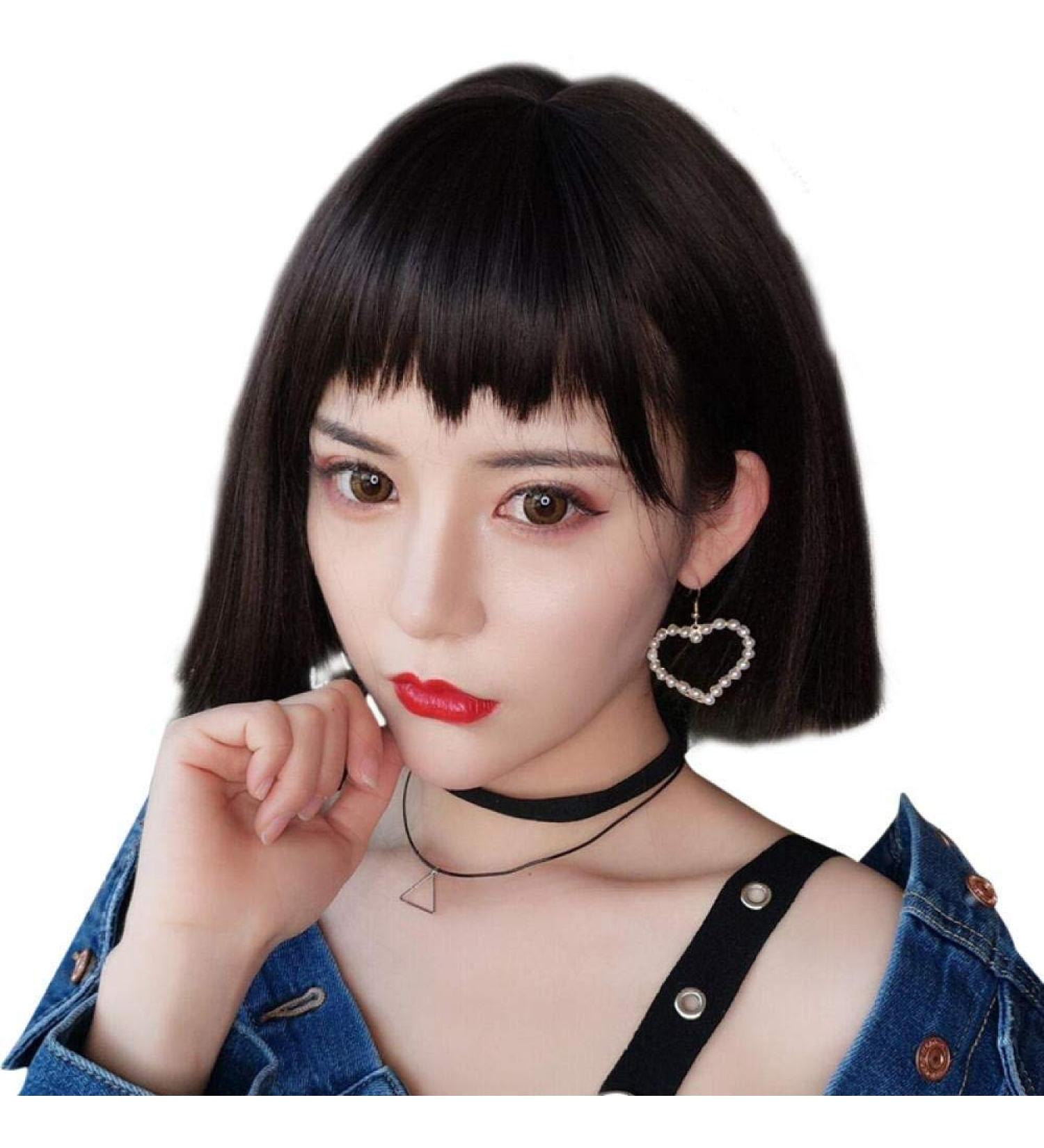 Short Curly Wig for Women - Fluffy Natural Hair with Bangs | Dark Brown Korean Style - Buy Online on GoSupps.com