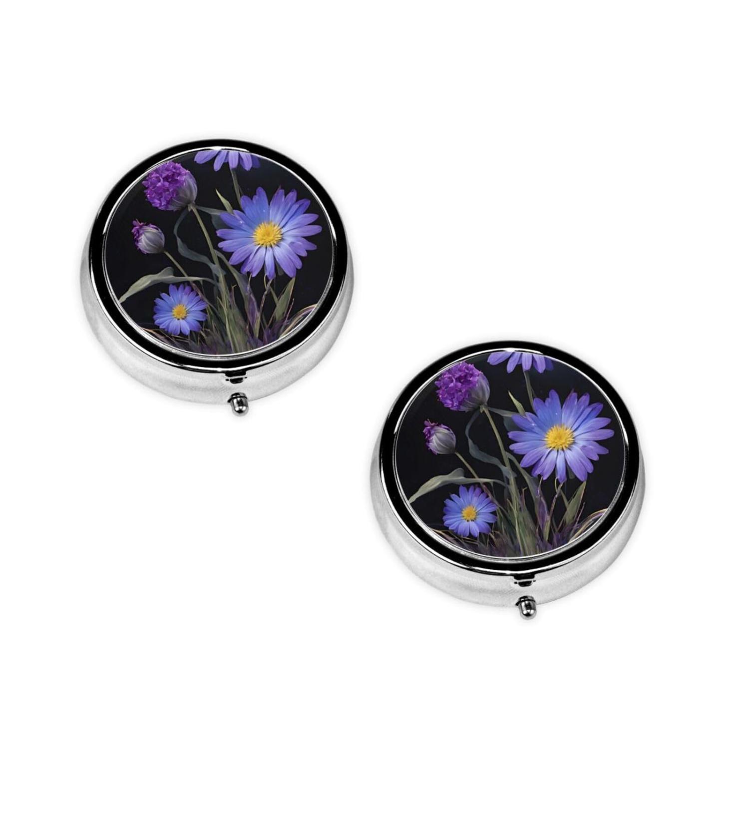 Shop Purple Flowers Round Pill Box - 3 Compartment Mini Decorative Travel Medicine Organizer - Buy Online on GoSupps.com