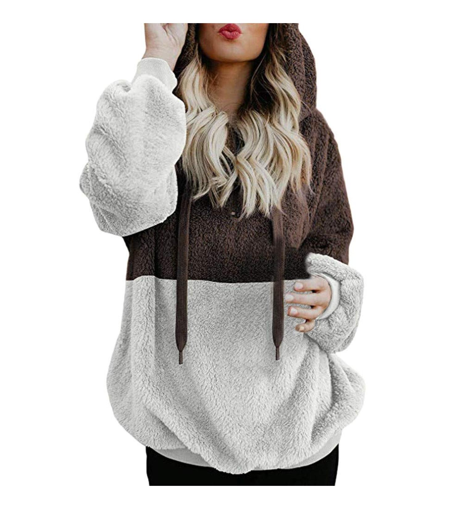 Bigfanshu Womens Sweaters Hooded Sweatshirt Winter Warm Zipper Pocket Pullover Blouse Shirts Coffee - Buy Online on GoSupps.com