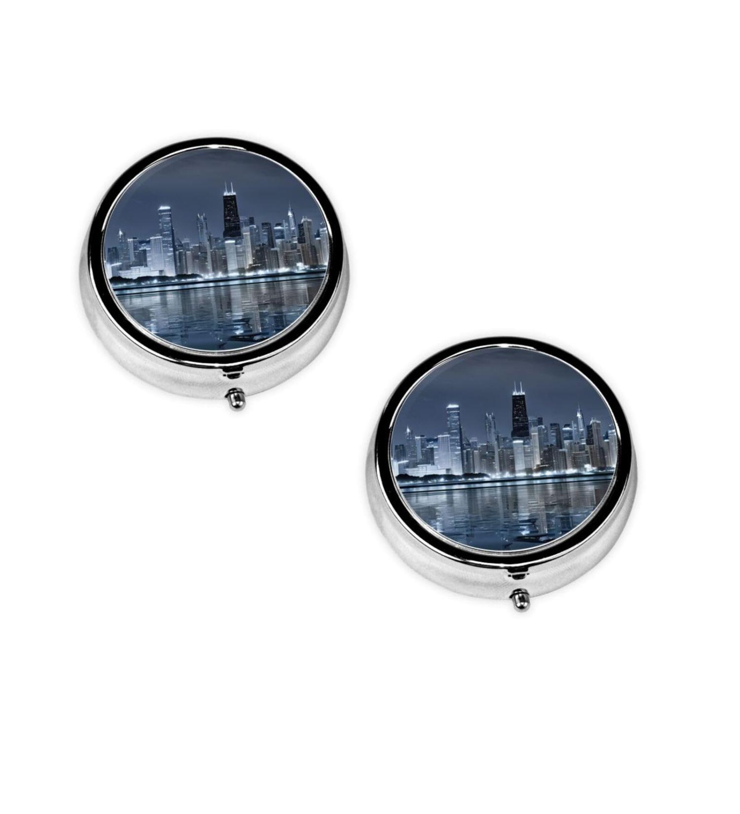 Chicago Reflected Round Pill Box - 3 Compartment Portable Travel Medicine Organizer - Mini Decorative Pocket Purse for Vitamins & Tablets - Buy Online on GoSupps.com
