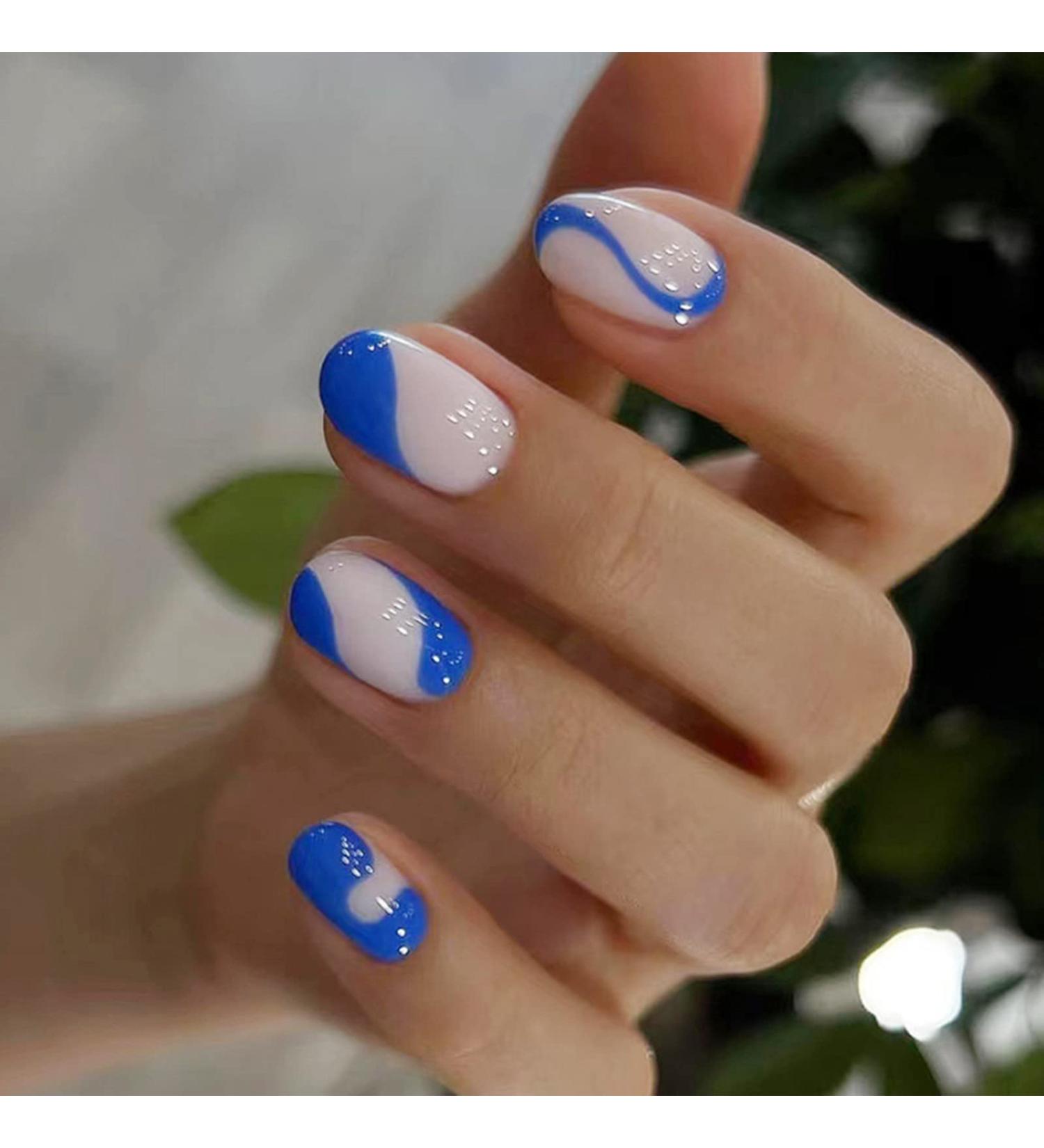 JUSTOTRY 24 Pcs Short Dark Blue French False Nails - Swirl Design Press on Nails for Women | Nail Art Glue Included - Buy Online on GoSupps.com