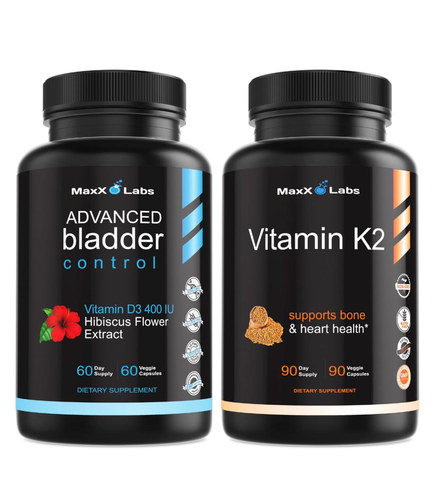 MaxX Labs Advanced Bladder Control Supplement for Women & Men 60 Caps + Vitamin K2 Supplement - Full Spectrum Vitamin K2 MK7 MK4 & Calcium - 90 Capsules - Buy Online on GoSupps.com