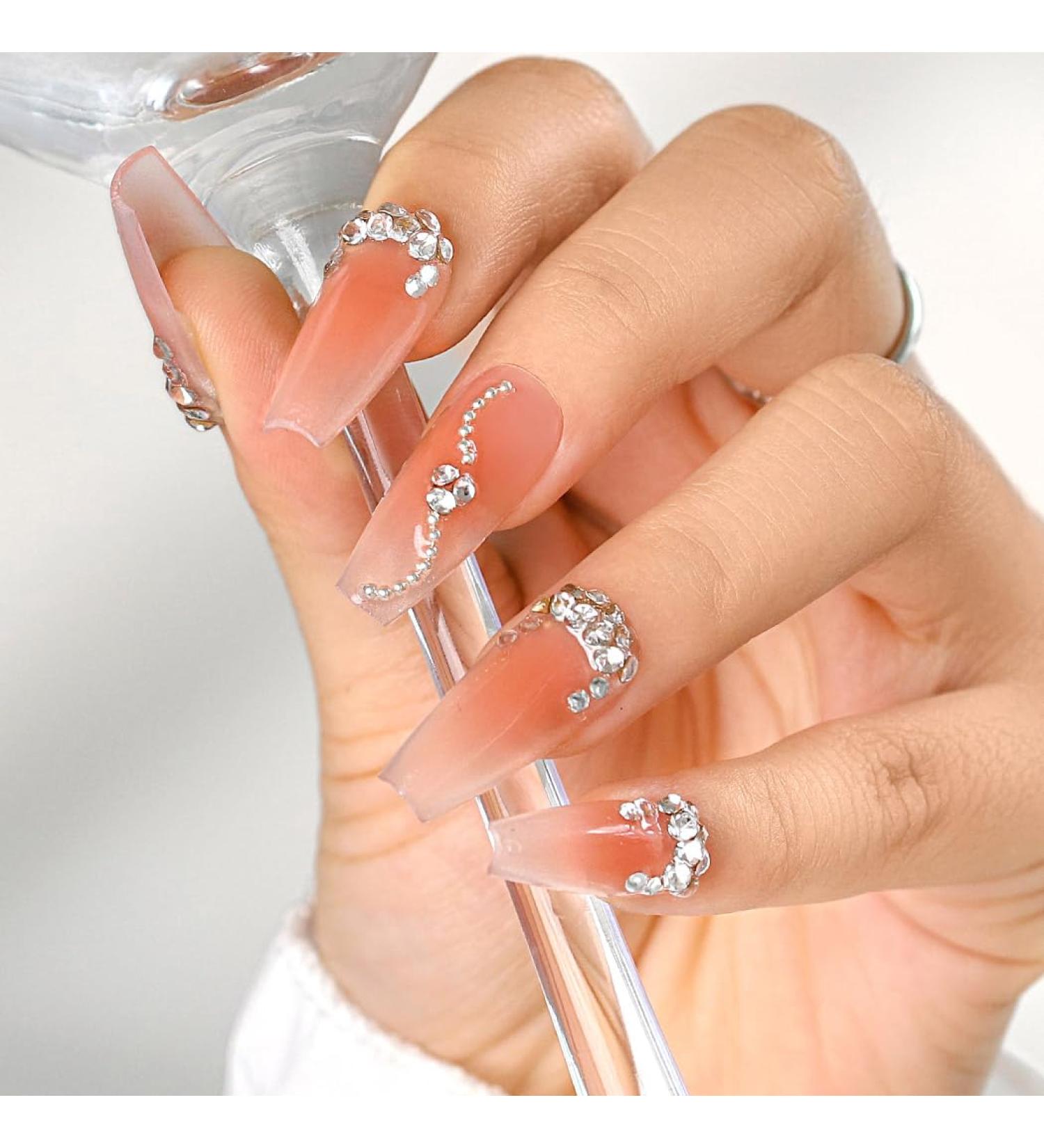 Sethexy Long Coffin False Nails - Handmade 3D Crystal Chain Acrylic Nail Art for Women & Girls - Salon Quality - Buy Online on GoSupps.com