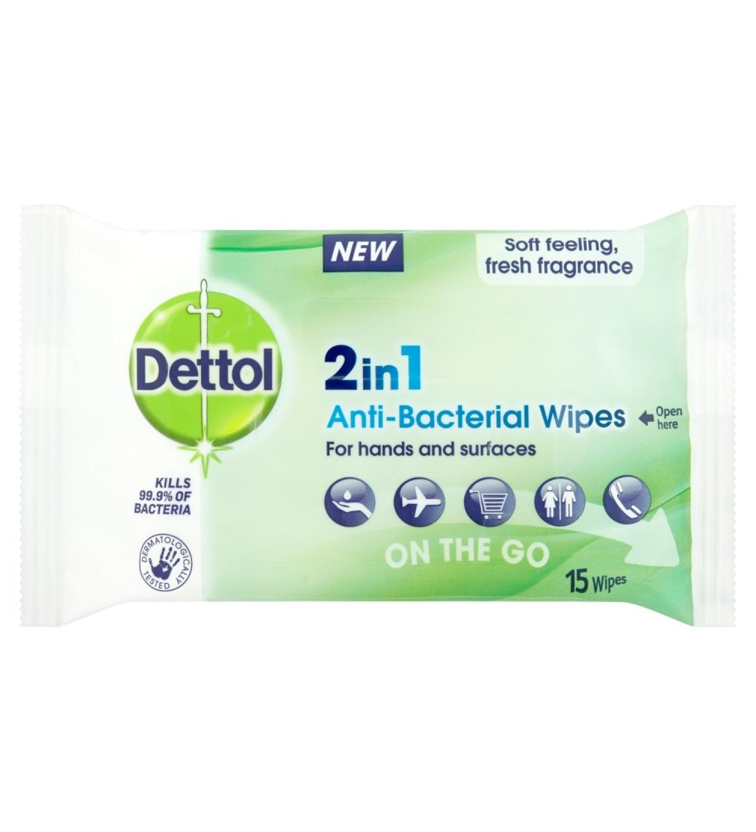 Dettol 2-In-1 Antibacterial Wipes - 15 Wipes | Kills 99.9% of Germs | Disinfectant Wipes - Buy Online on GoSupps.com