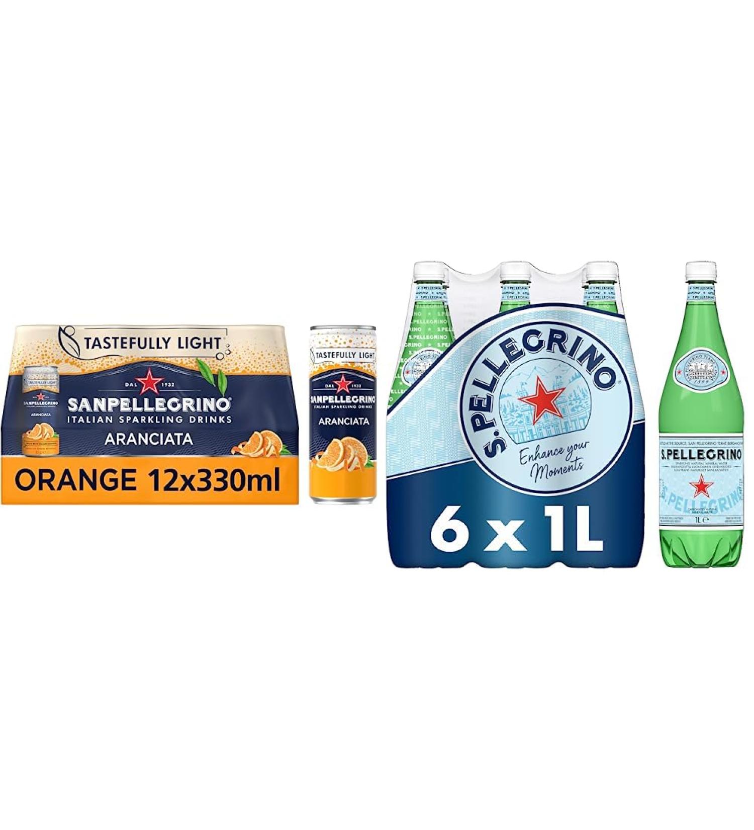 San Pellegrino Italian Tastefully Light Sparkling Orange Canned Soft Drink 12 x 330ml | 64k Cals per Can & San Pellegrino Sparkling Natural Mineral Water 6x1L - Buy Online on GoSupps.com