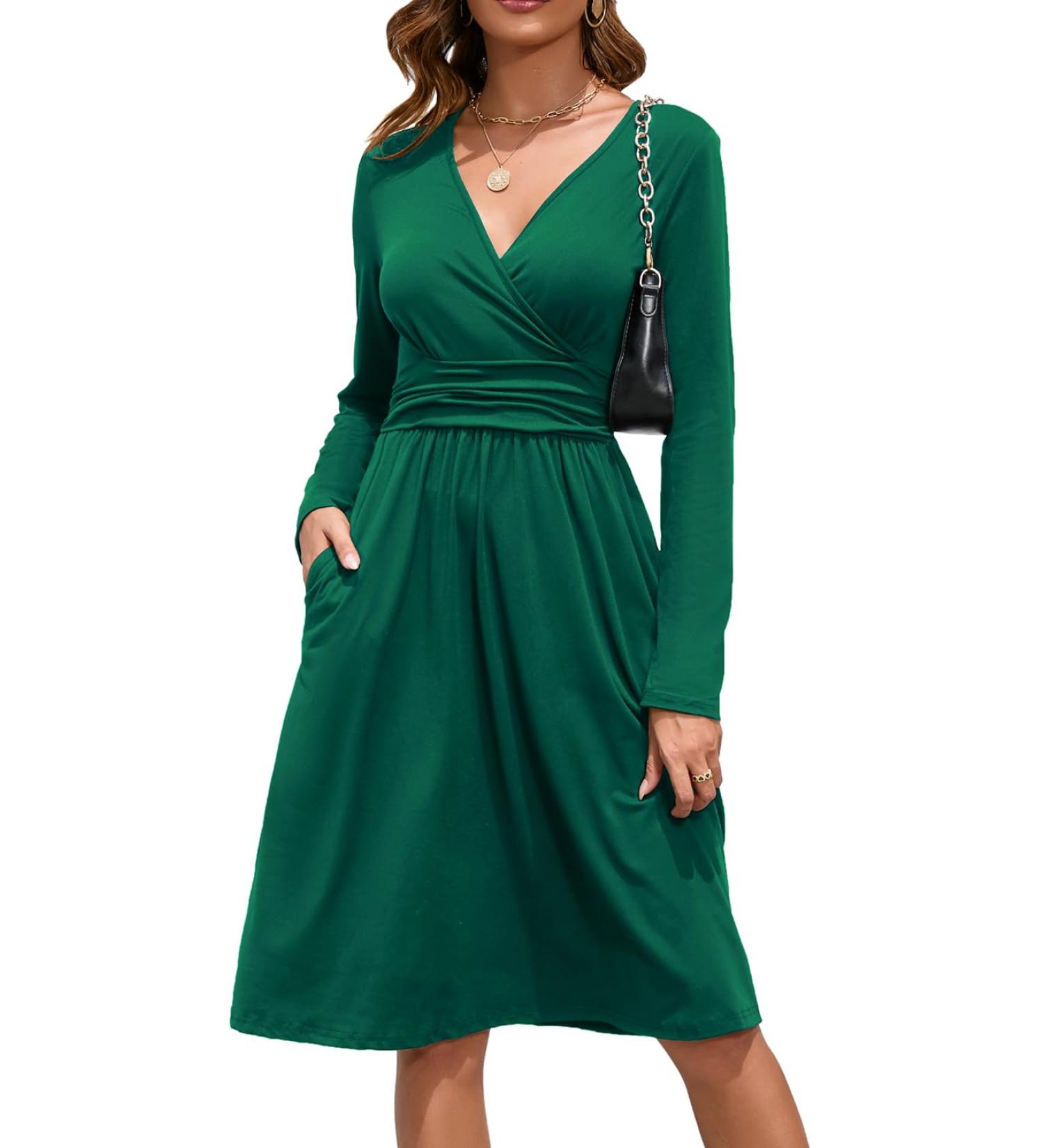 OUGES Women's Spring Casual Midi Dress | Long Sleeve V-Neck Floral Wrap Dress | Pockets | Green - Buy Online on GoSupps.com
