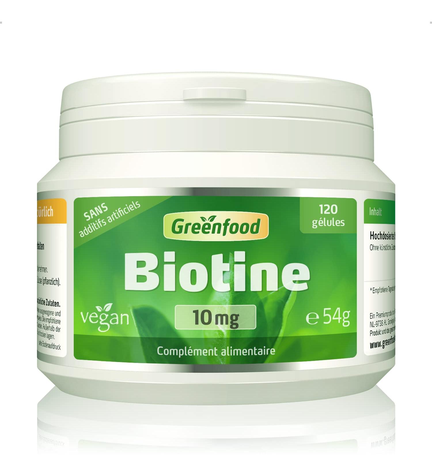 Greenfood Biotin (vitamin B7) 10 mg high dose 120 capsules - for skin and hair. No artificial additives. No genetic engineering. Vegan. - Buy Online on GoSupps.com