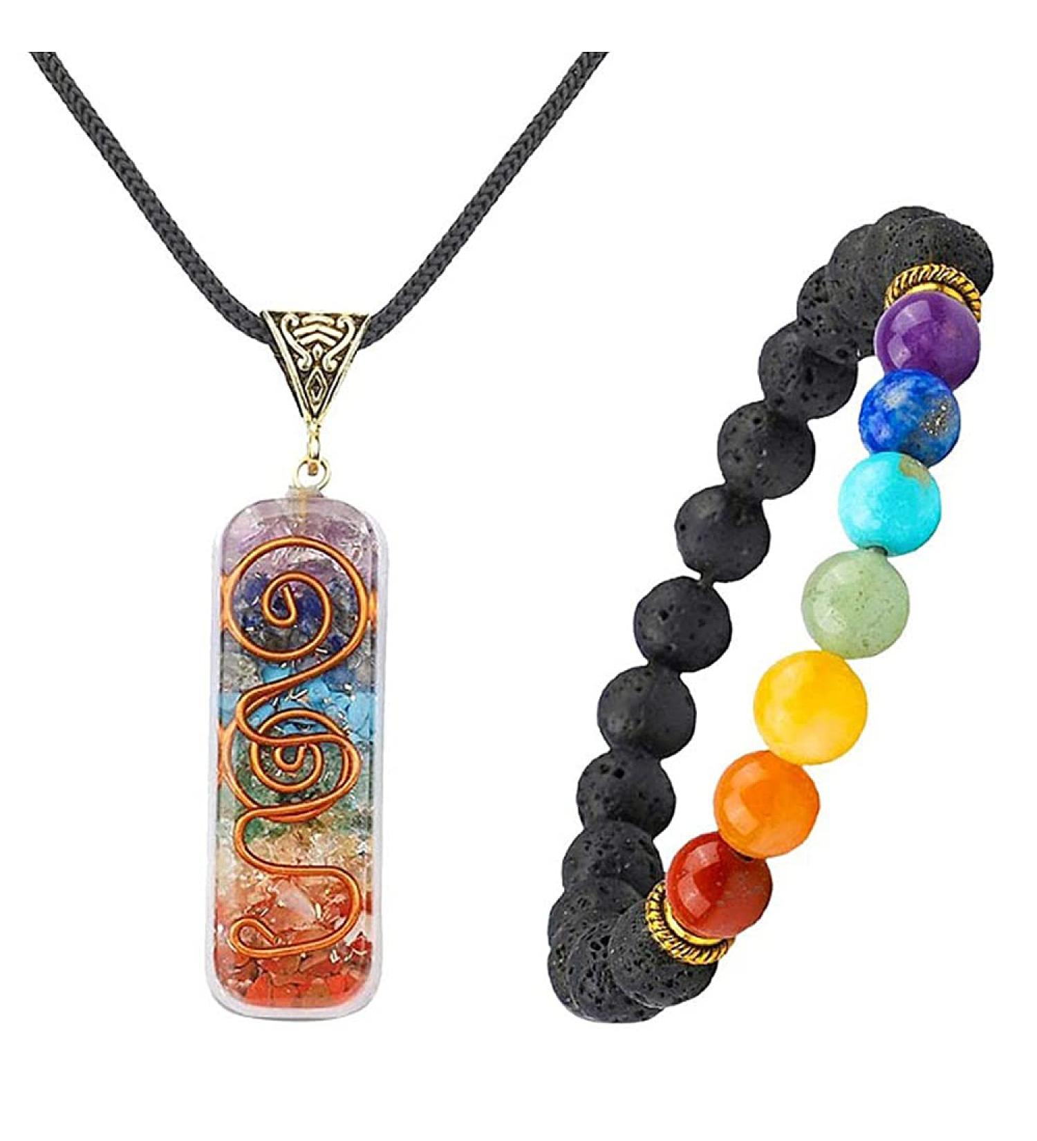 Tofbs Chakra Crystal Pendant Necklace & Bracelet Set | Reiki Healing Jewelry for Men & Women | Positive Energy & Balance for Yoga & Meditation - Buy Online on GoSupps.com