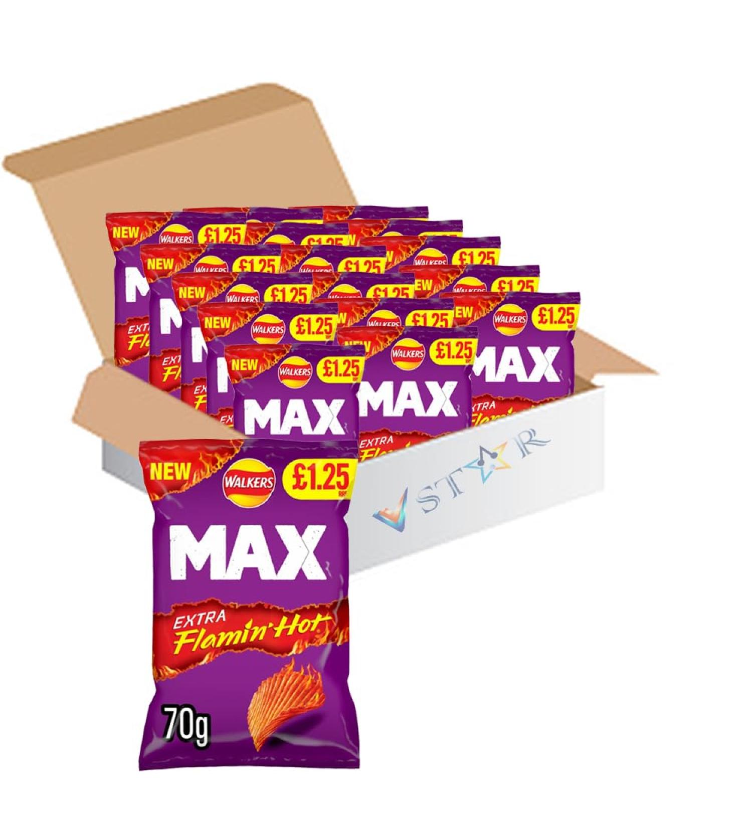 Walkers New Extra Flamin' Hot Snacks Extra Hot Xtra Spicy Crisps Multipacks PM 1.25 (Pack of 15 (Full Box) Walkers Max Extra Flamin Hot)
