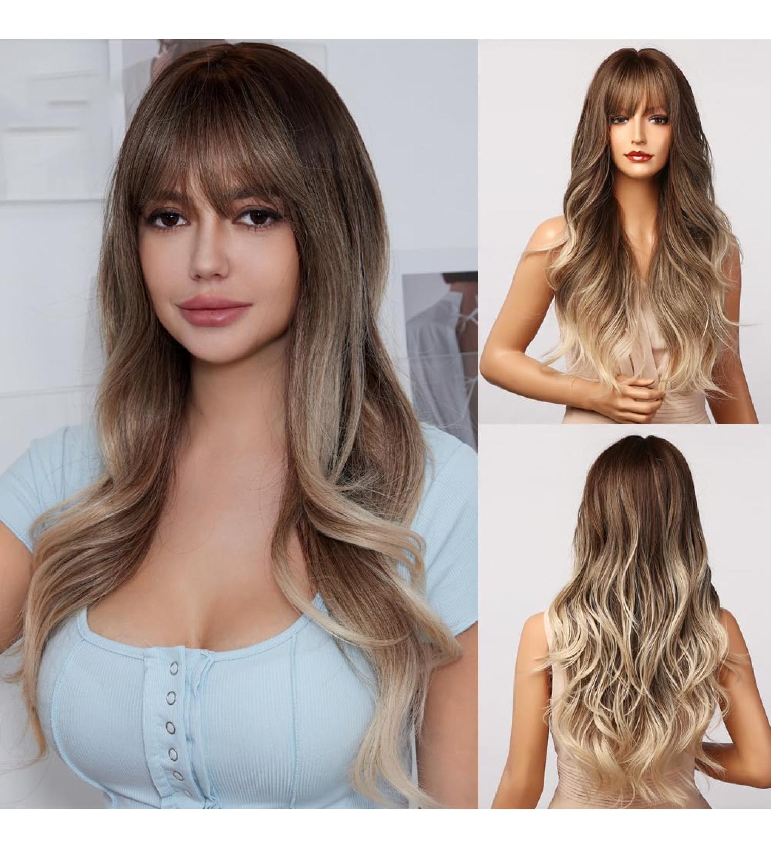 Fengq Light Brown Ombre Wigs for Women - Natural Synthetic Hair Long Curly & Pony Styles | Best Halloween & Daily Wear - Buy Online on GoSupps.com
