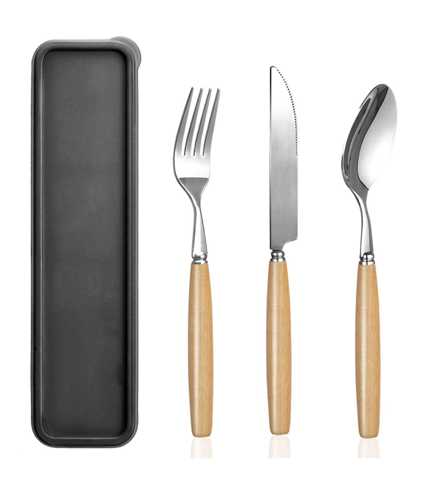 Portable Utensils Set with Case - Eco-Friendly Stainless Steel & Wood Cutlery - Ideal for Travel, Office, Camping - Reusable Silverware Set (One Set) - Buy Online on GoSupps.com