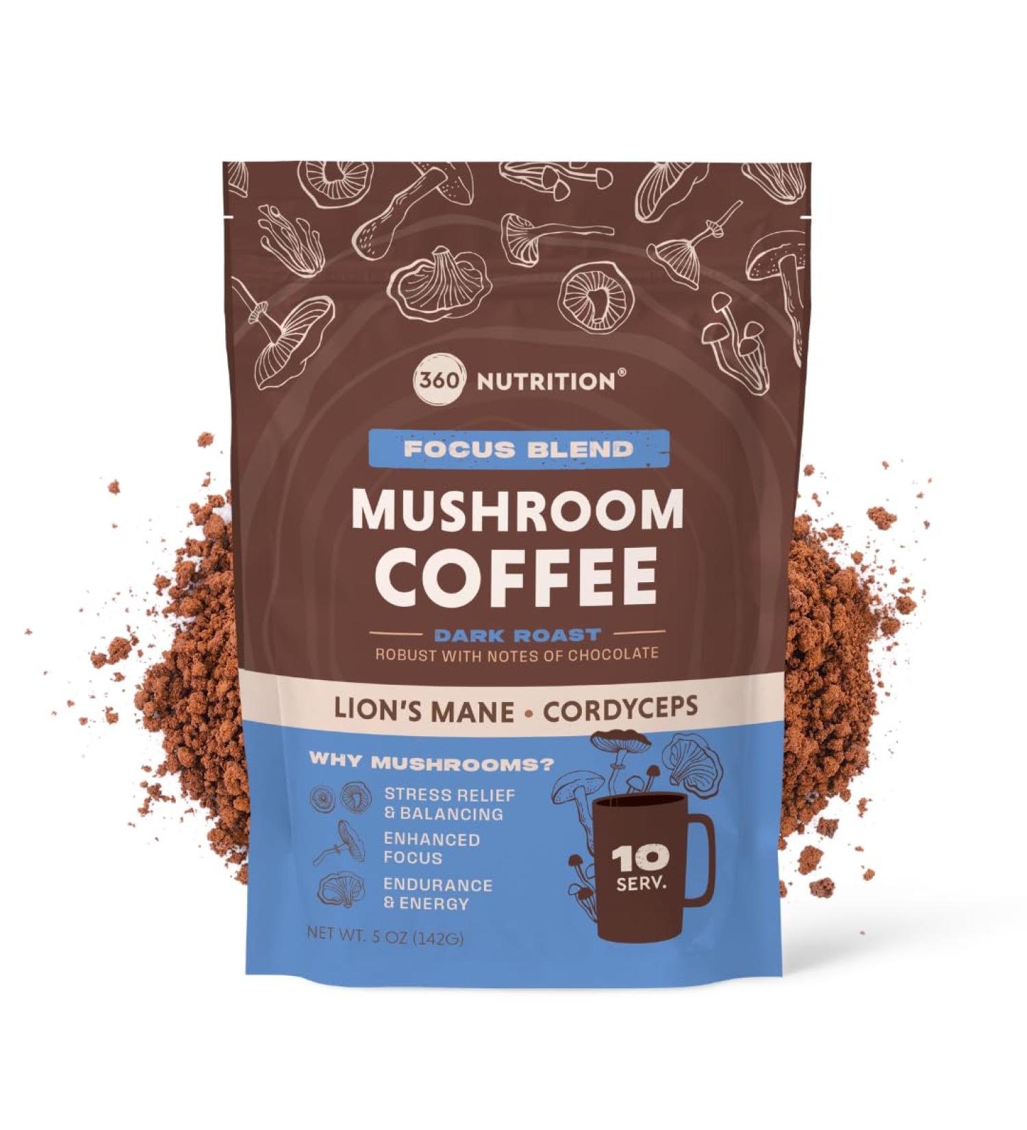 360 Nutrition Instant Mushroom Coffee with Cordyceps Lion s Mane Superfood Mushrooms and Ashwagandha for Cognitive Balance Memory and Focus | Dark Roast No Added Sugar 5 oz (Focus Blend) - Buy Online on GoSupps.com
