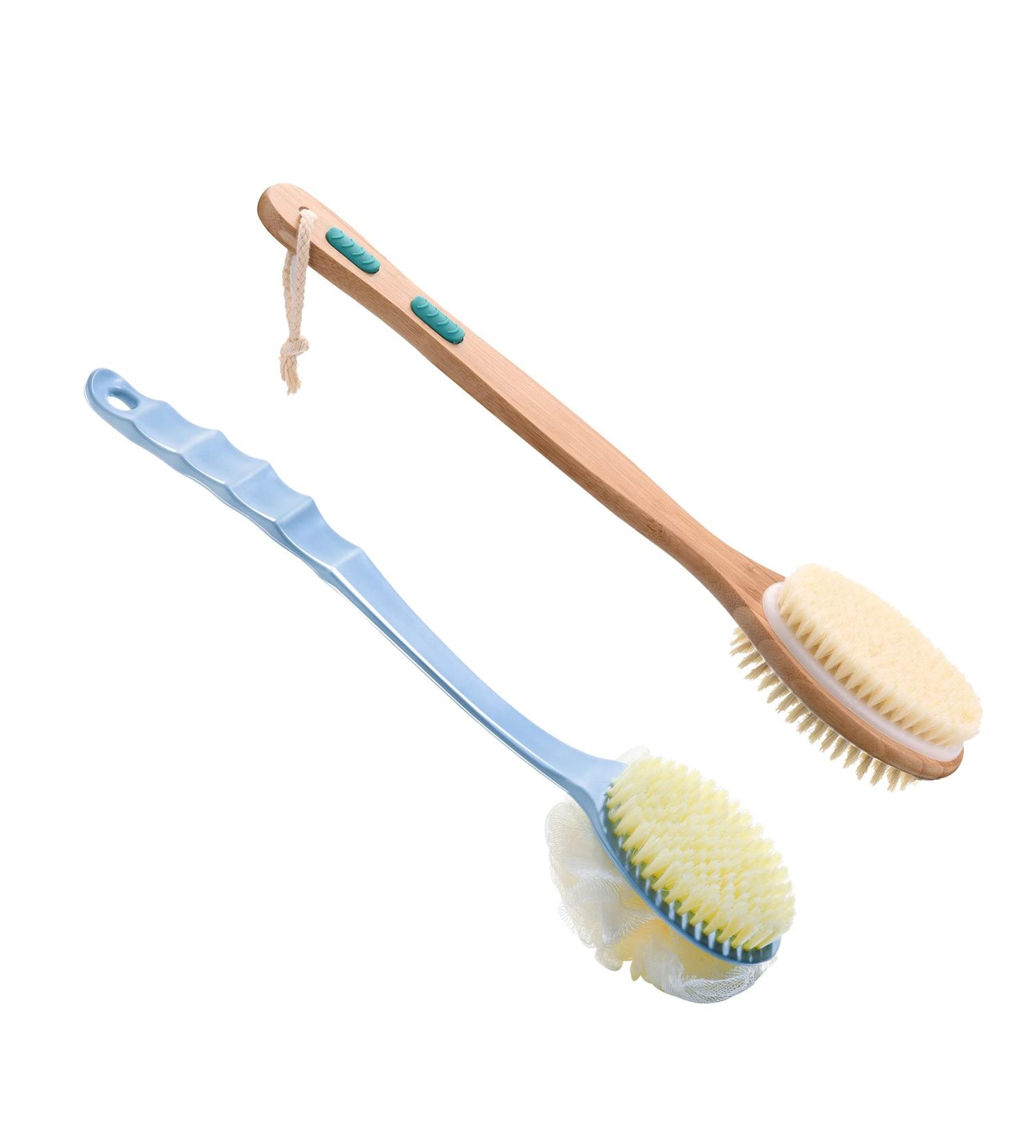 2 Pack Double Sided Bath Brushes with Long Wooden Handle - Exfoliating Skin for Men and Women - Buy Online on GoSupps.com