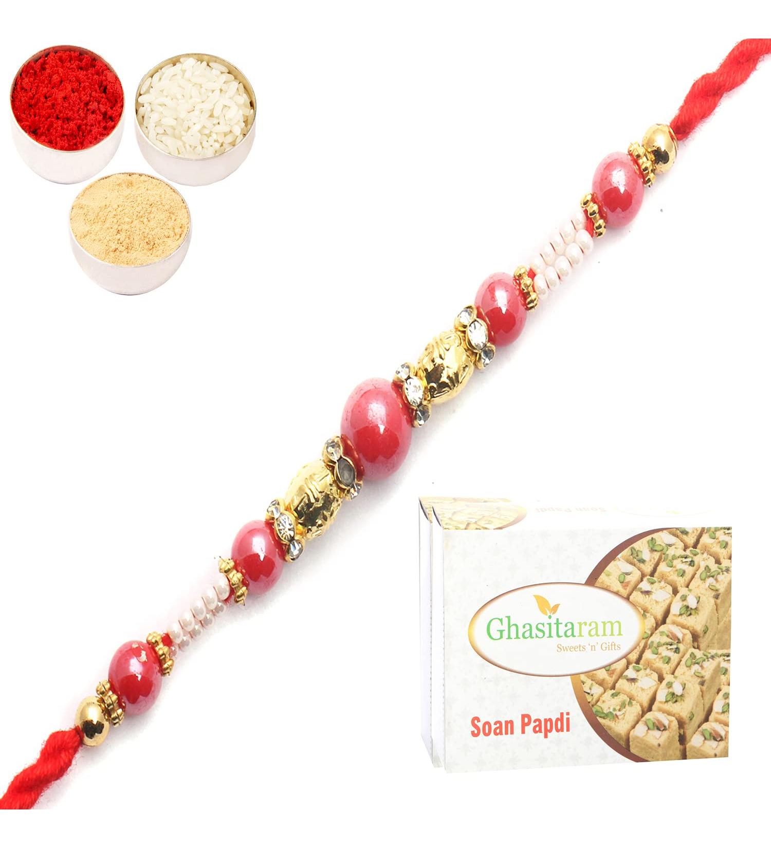 Ghasitaram Gifts Rakhi for Brother Rakhis Online-7017 Fancy Thread Rakhi with 400 GMS of Soan Papdi - Buy Online on GoSupps.com