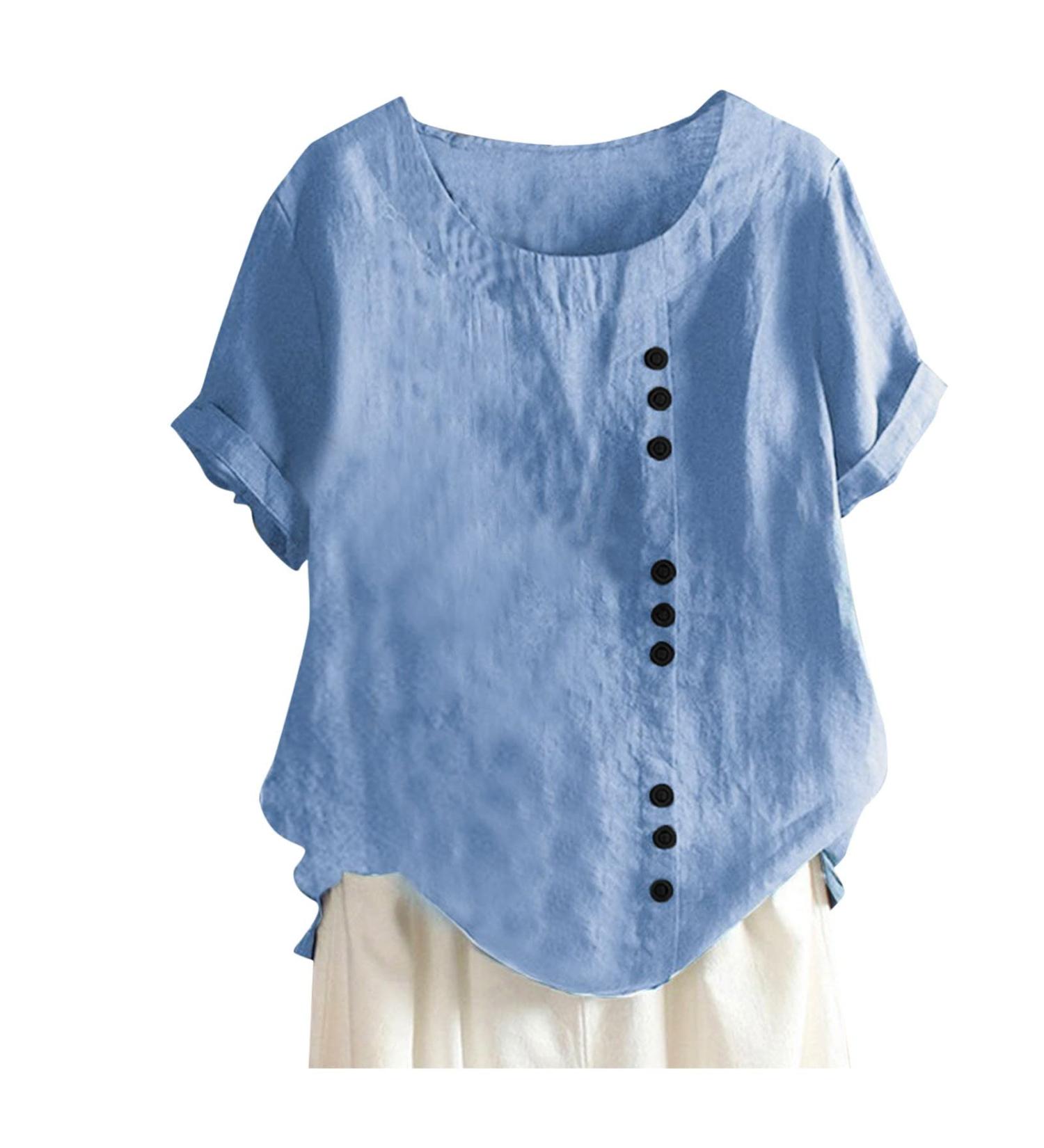 Women's Linen Shirt Plus Size Blouses Summer Long Sleeve Button Up Casual Tee Shirt V Neck Loose Fit Going Out Work Office Dressy Tops 1914-qppoj-skyblue-2 M - Buy Online on GoSupps.com