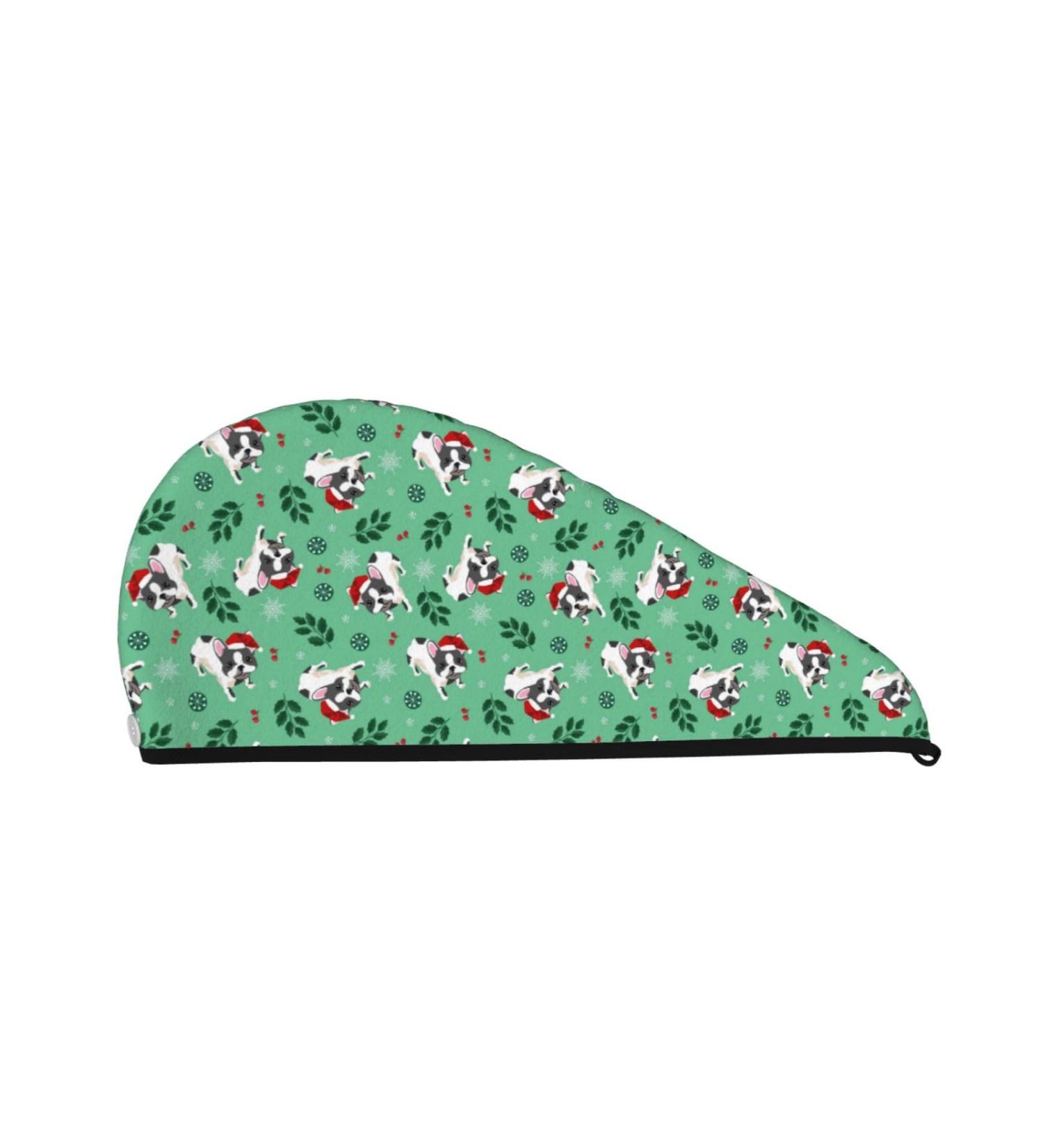 Hair Towel Wrap | Quick-Dry Hair Drying Turban with Button - Christmas French Bulldog Design - Buy Online on GoSupps.com