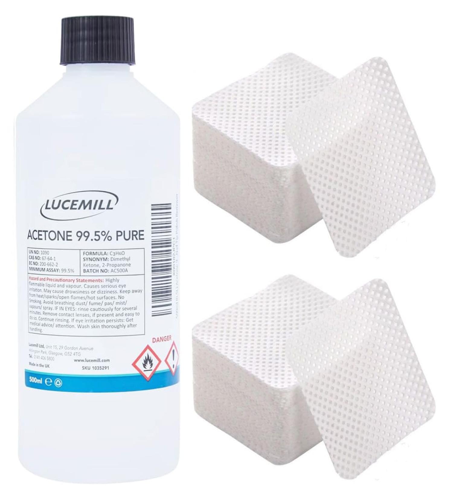 Lucemill Pure Acetone Nail Polish Remover | 500ml | Super Strength Formula | Acetone Acrylic Remover Kit | Clear Liquid I 200 Lint Free Wipes